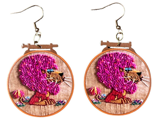70s Leroy the Lion Embroidery Hoop Earrings - Relic828