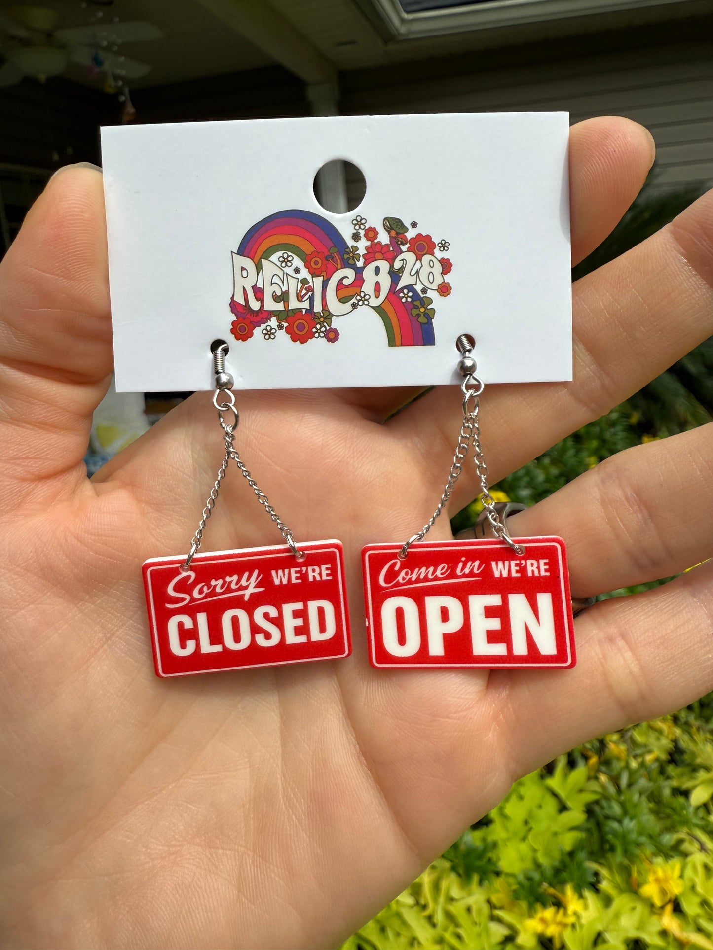 Open and Closed Sign Earrings