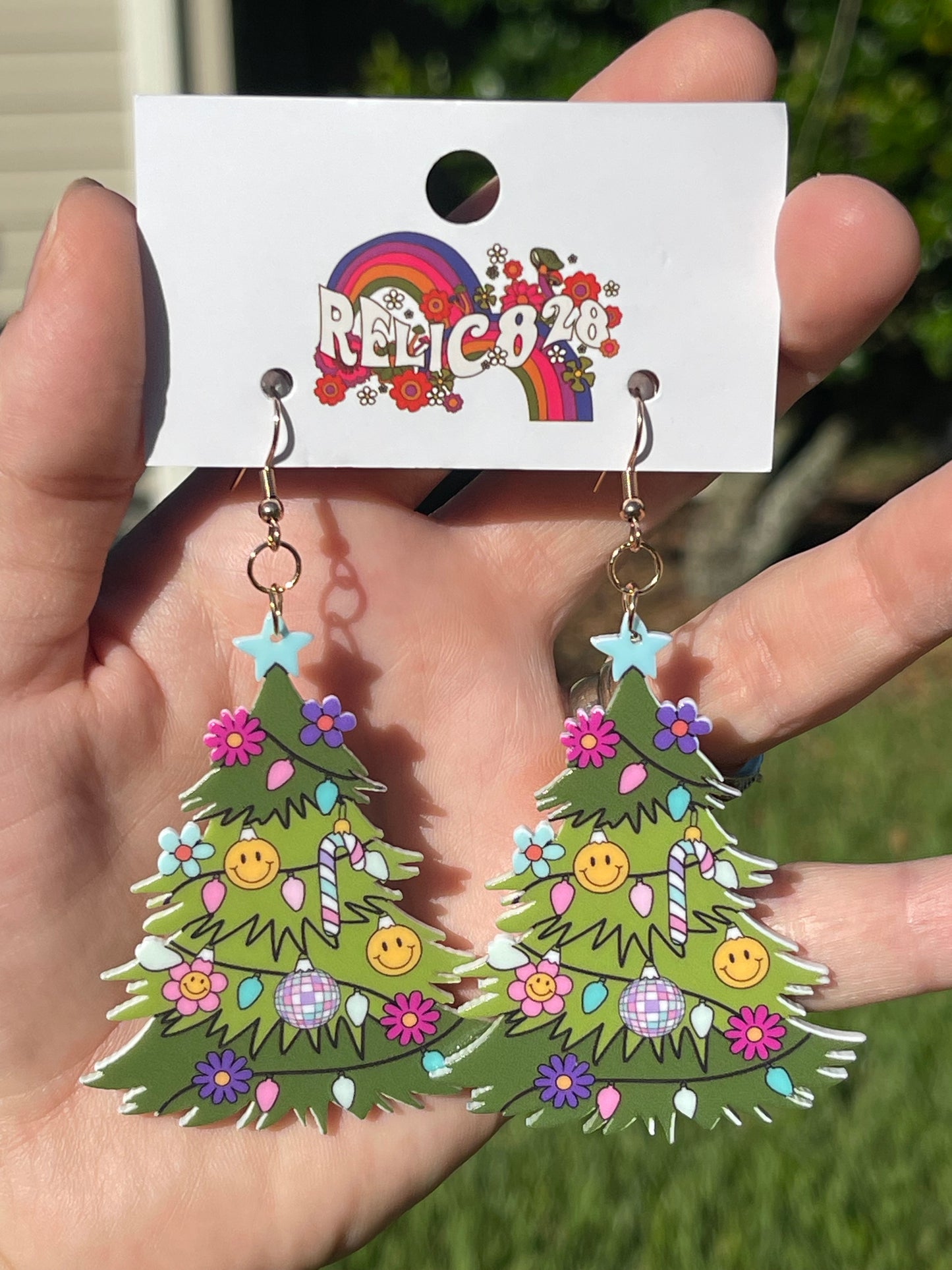 Retro Hippie Christmas Tree Flower Disco Earrings but