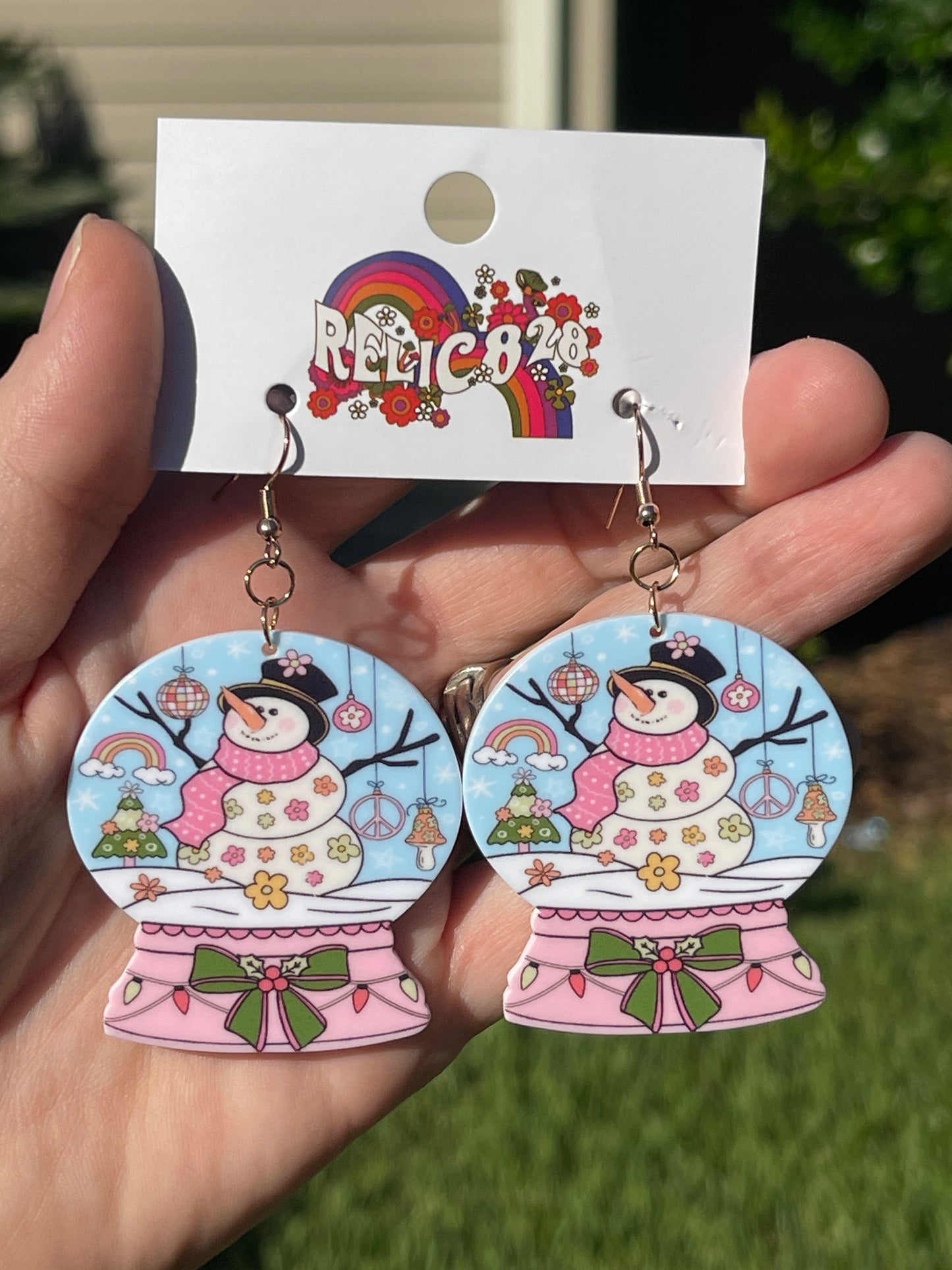 Groovy Snow Globes Retro Snowman Peace Disco & Flowers Earrings