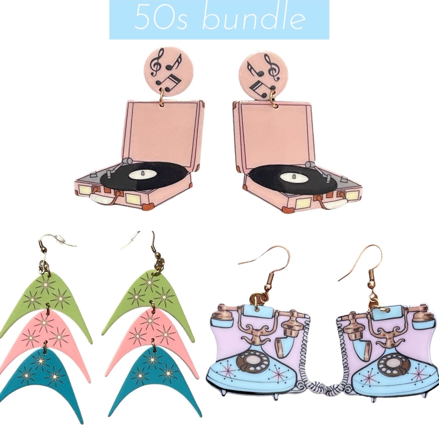 50s Earring Bundle Record Players Boomerangs and Phones - Relic828
