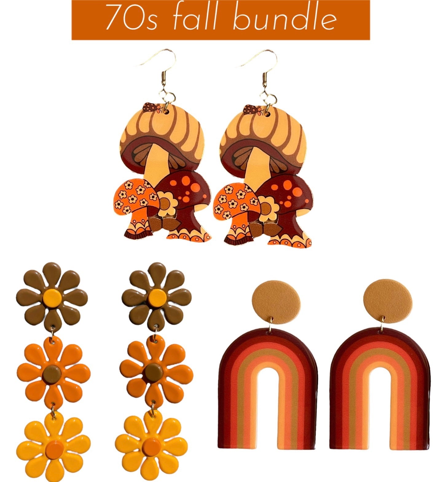 70s Fall Earring Bundle Brown Rainbows Mushroom Trios and Daisy Chains - Relic828