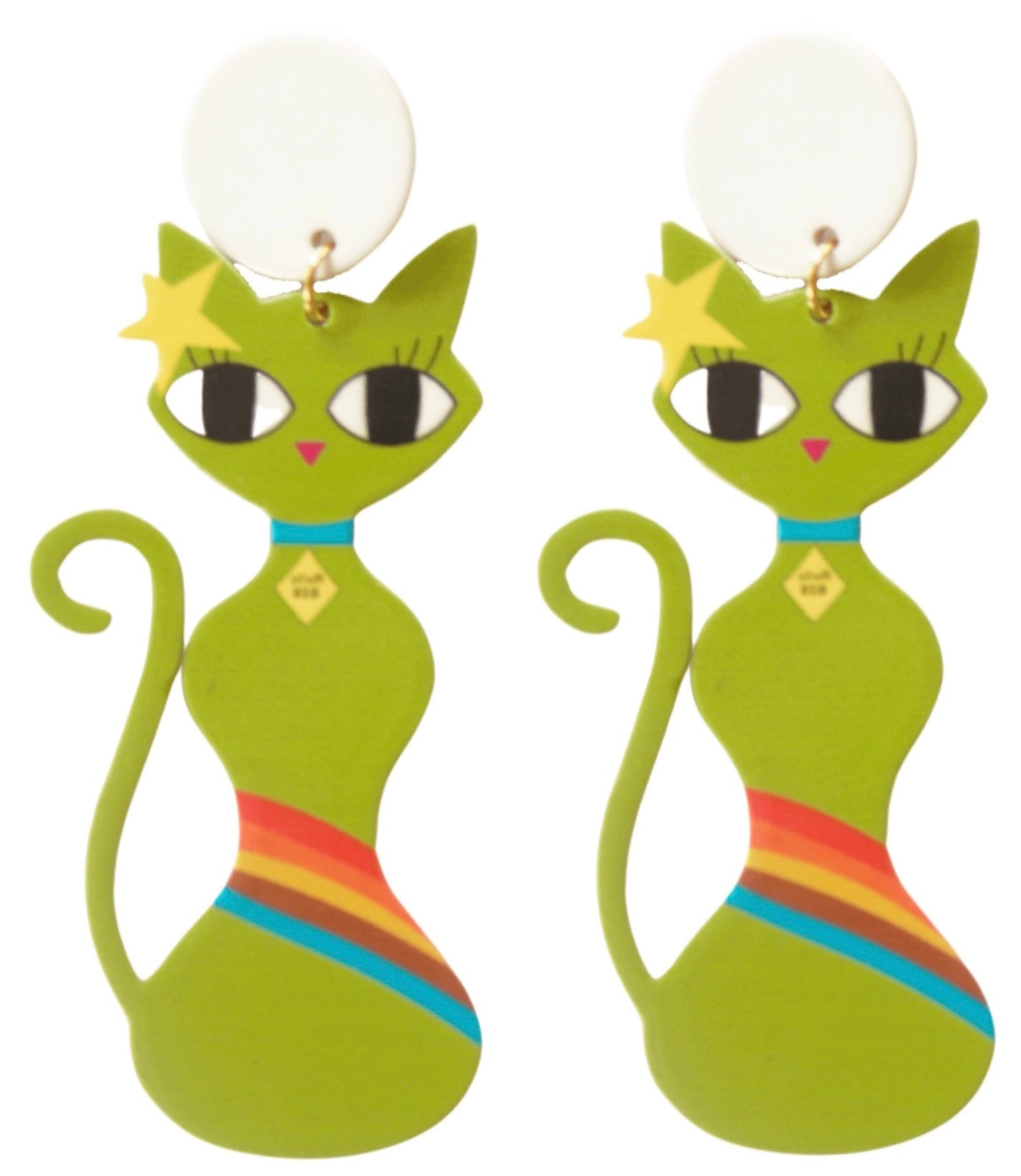 70s Green Retro Quirky Cats Rainbow Earrings - Relic828