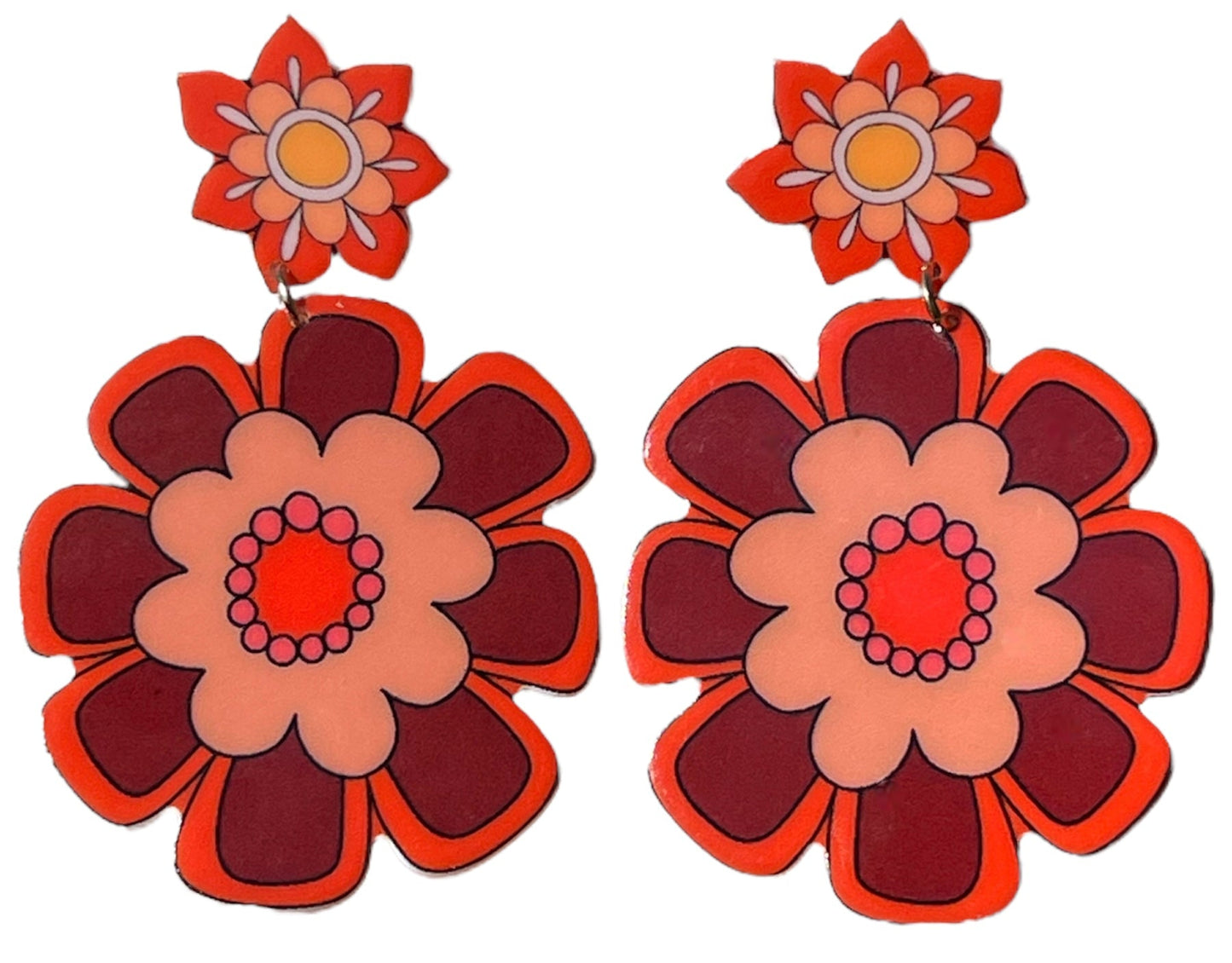 70s Hippie Burgundy Babe Flower Retro Earrings - Relic828