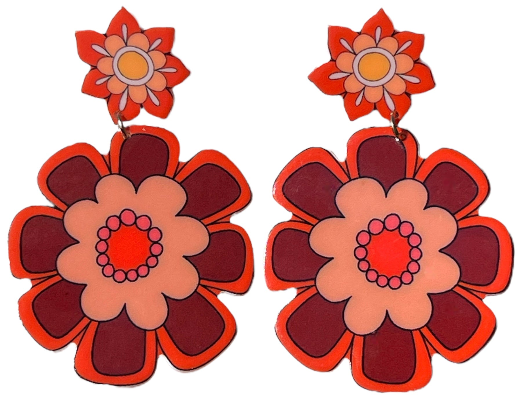 70s Hippie Burgundy Babe Flower Retro Earrings - Relic828