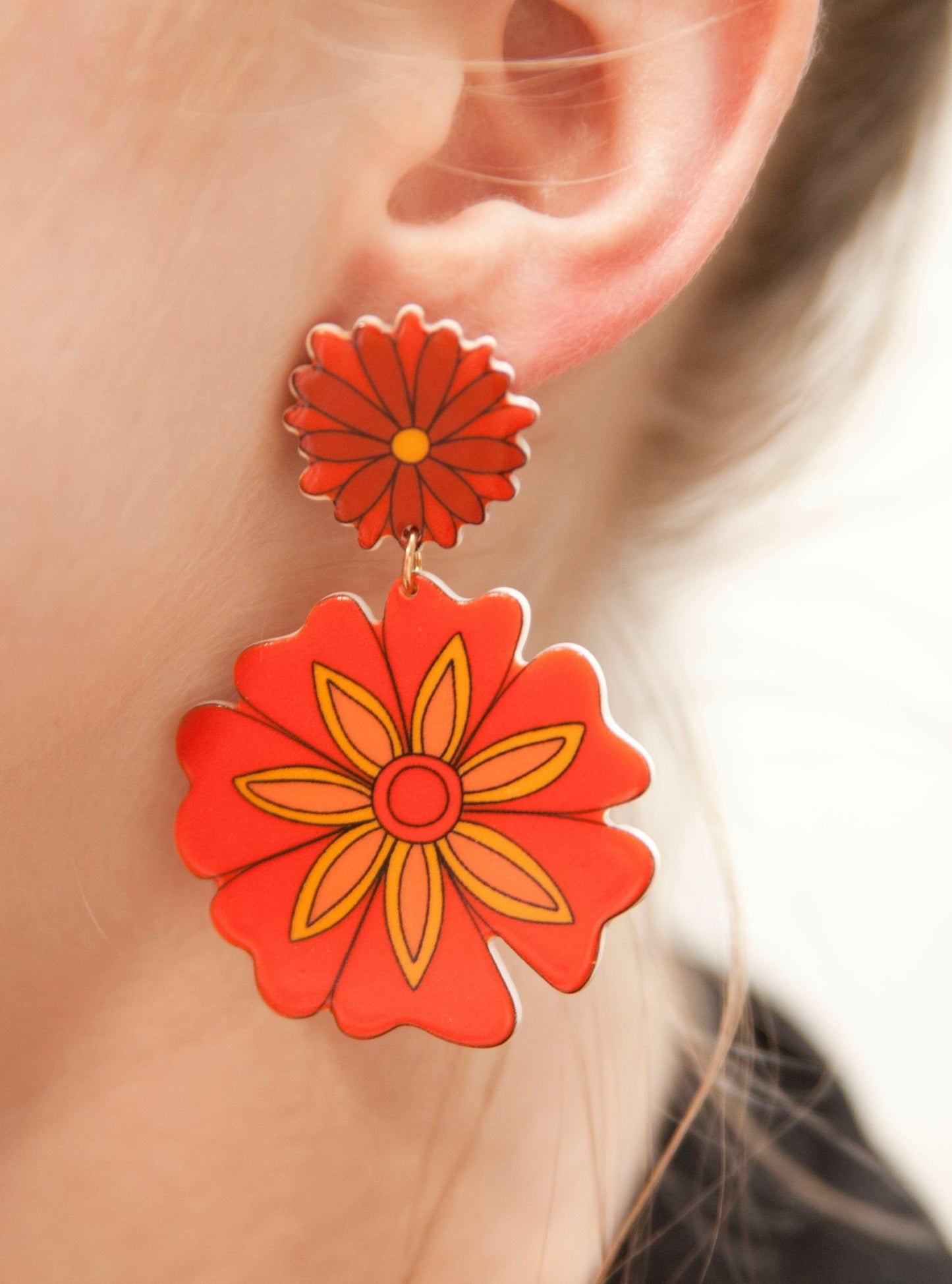 70s Orange You Glad Flower Bloom Earrings Retro Hippie - Relic828