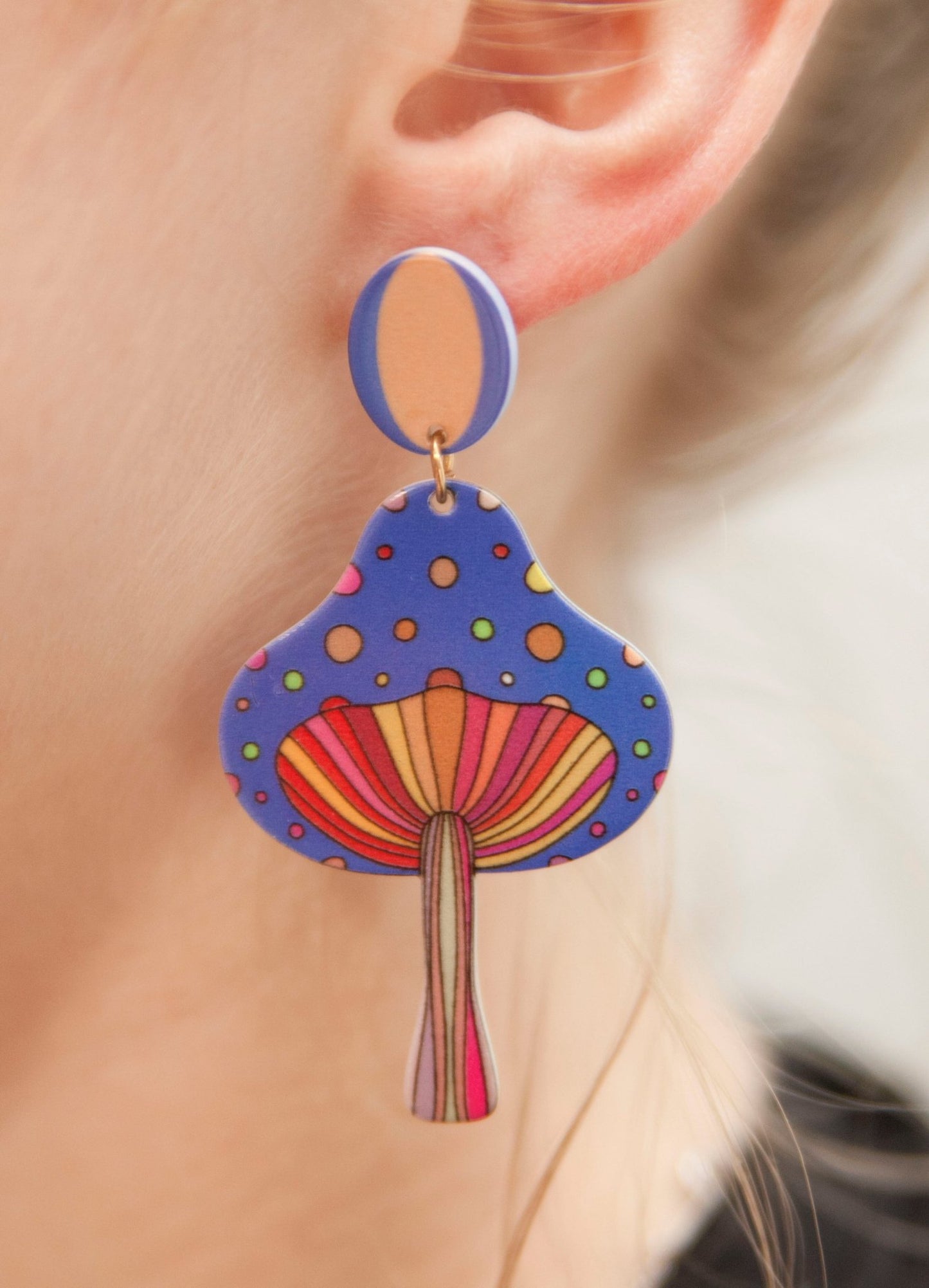70s Tall Top Mushrooms Blue Polkadot Earrings - Relic828