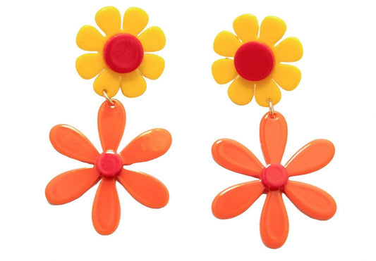 Orange and Yellow Mod Flower Earrings Groovy Girl - Relic828