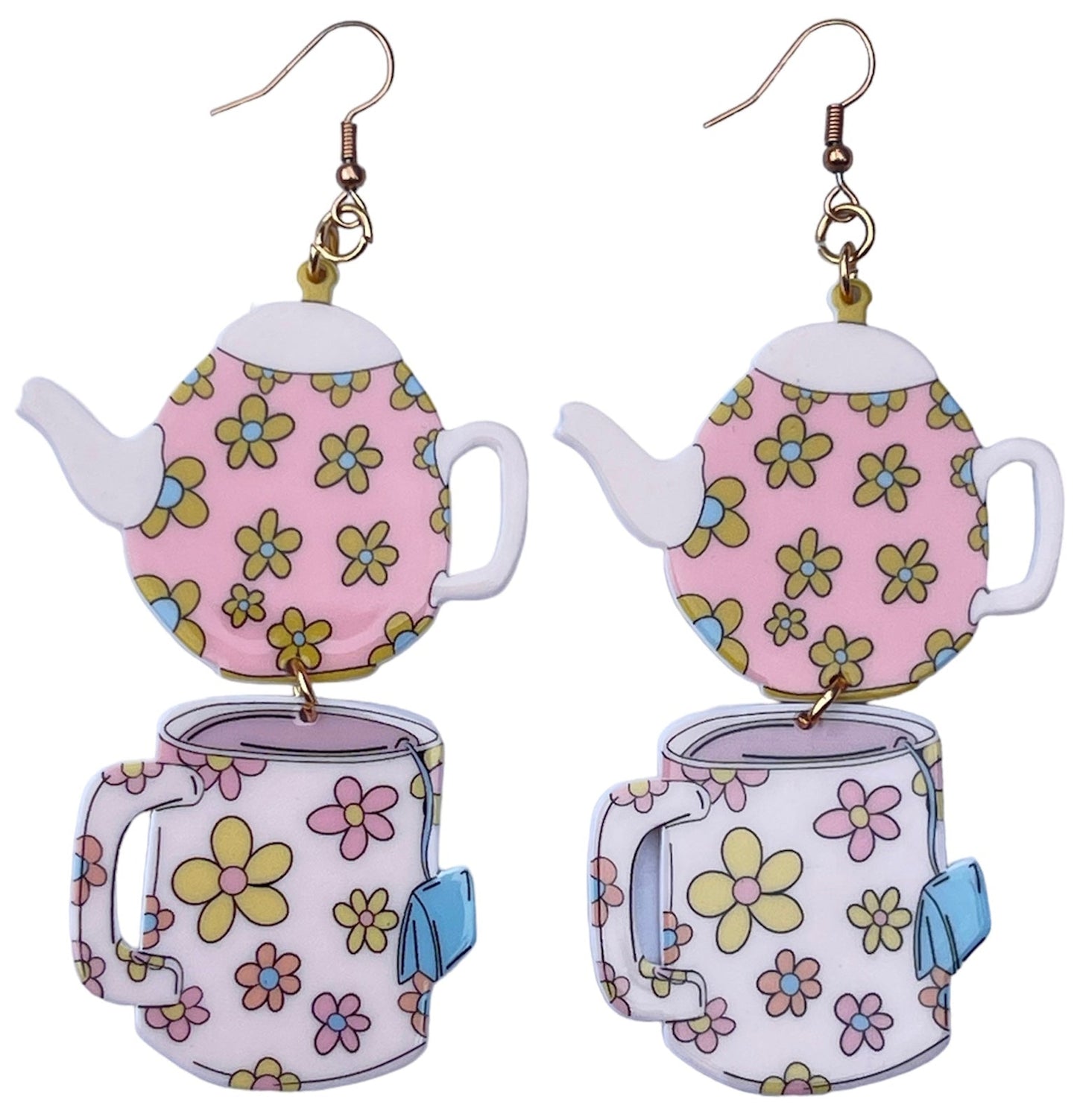 Spot of Tea Flower Teapot and Teacup Groovy 60s Earrings - Relic828