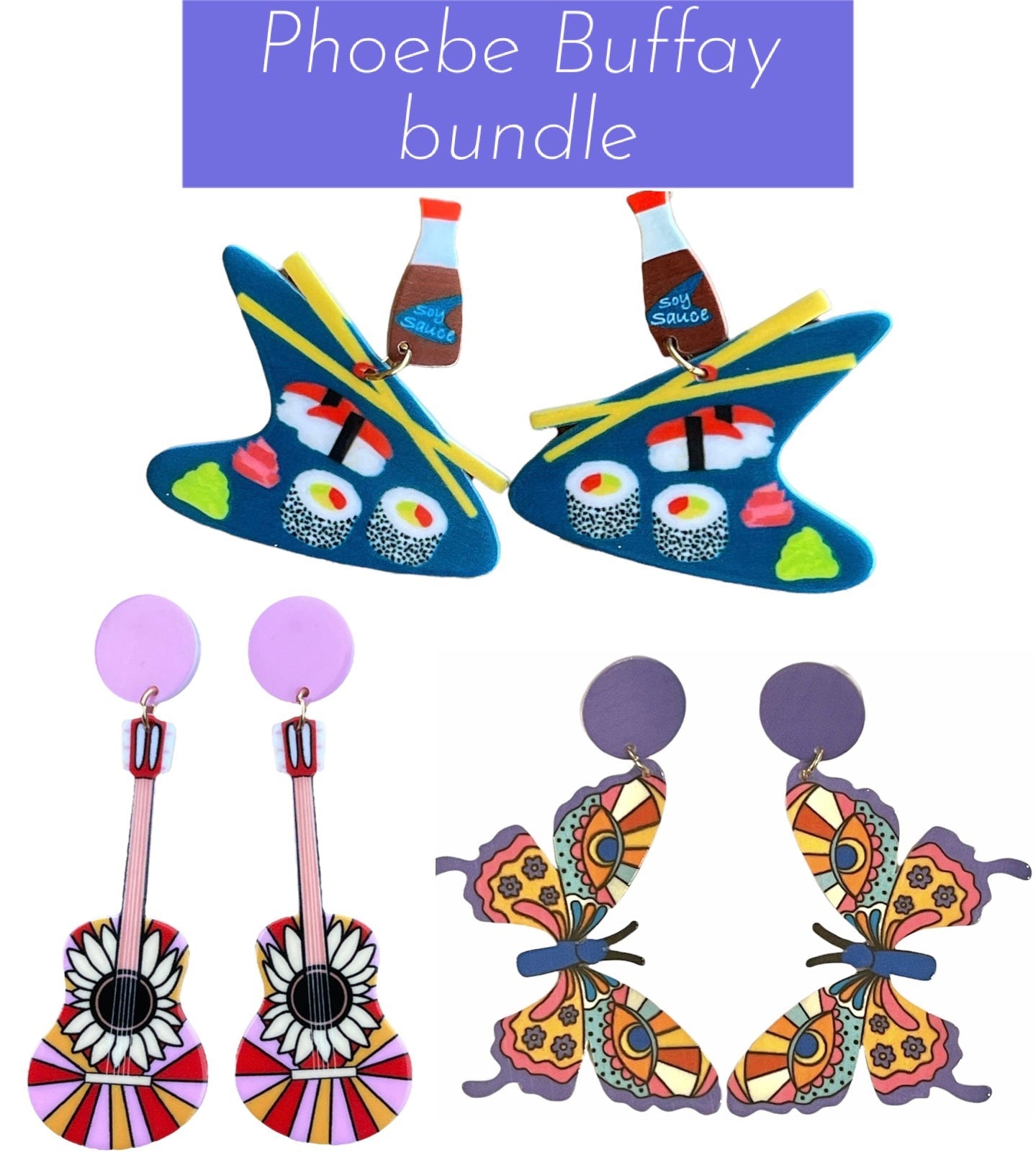 The Phoebe Earring Bundle Sushi Dates Rainbow Guitars and Butterflies - Relic828