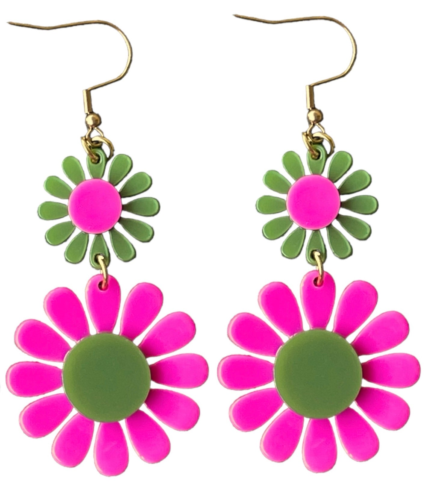 60s Hot Pink and Green Flower Power Retro Earrings - Relic828