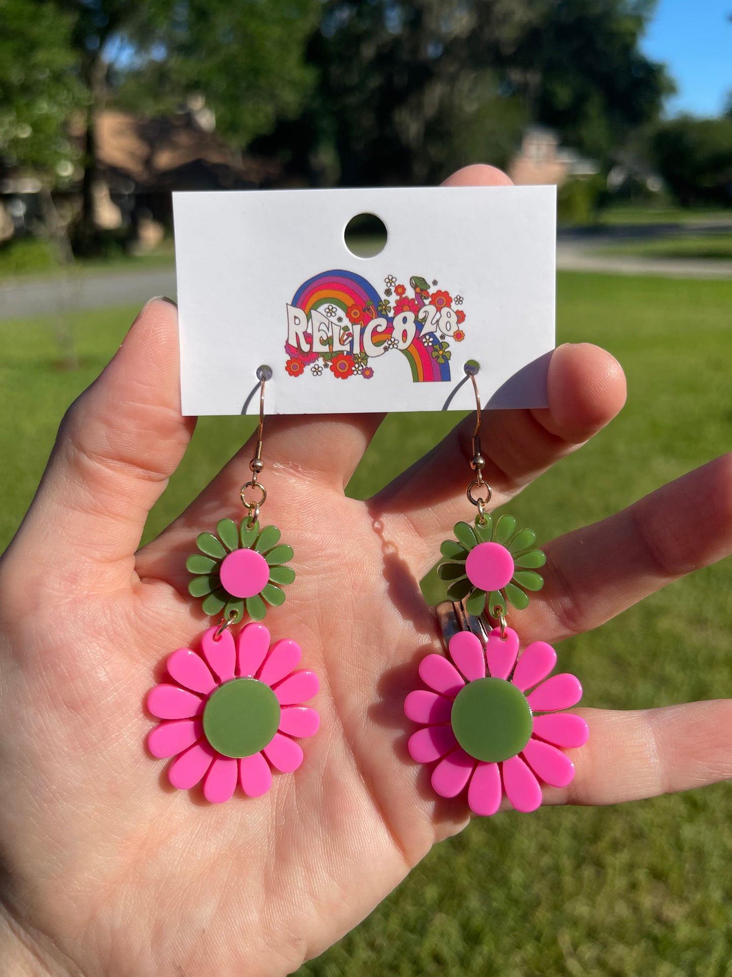 60s Hot Pink and Green Flower Power Retro Earrings