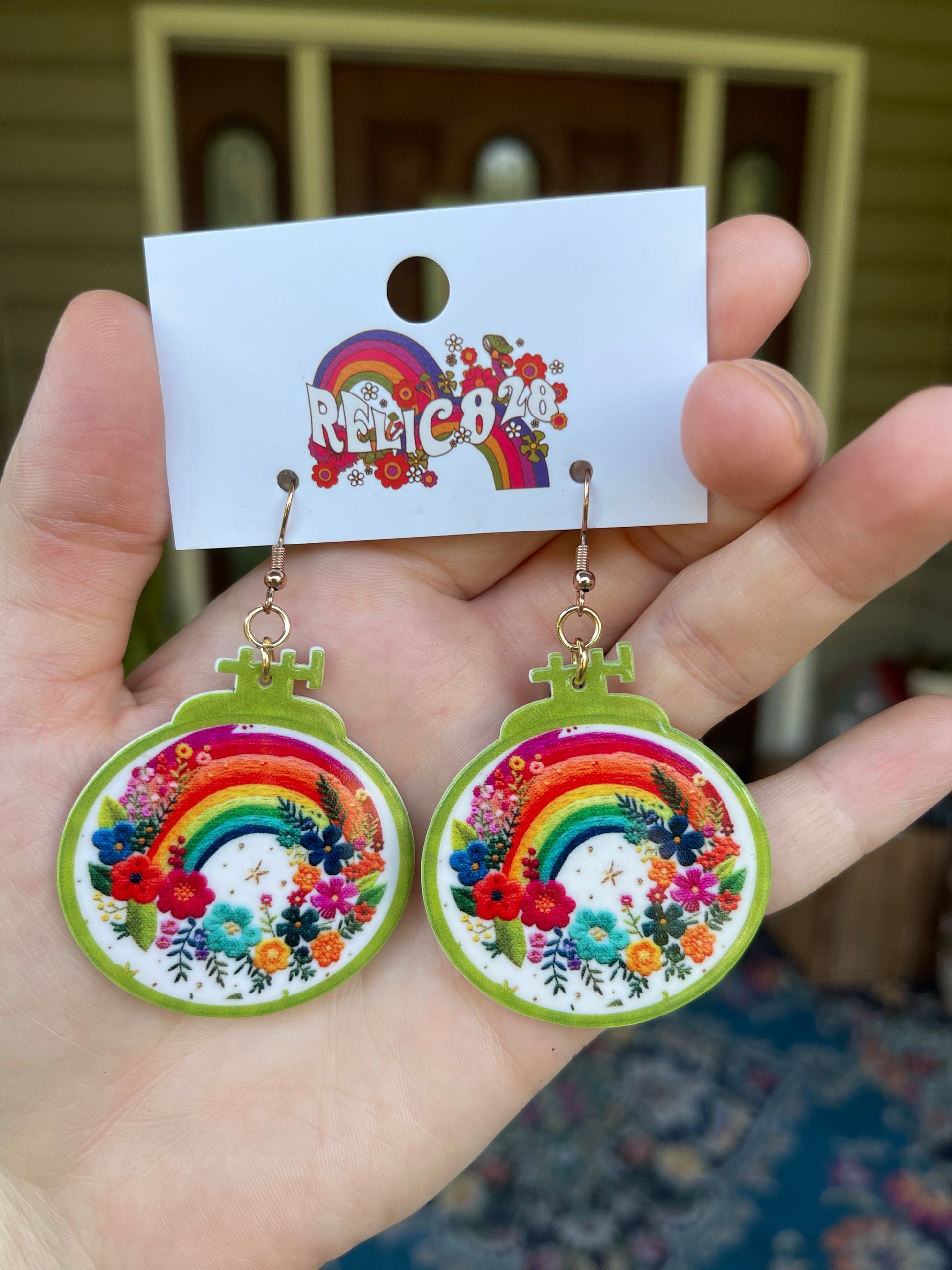 70s Rainbow Flower Embroidery Hoop Earrings Relic828