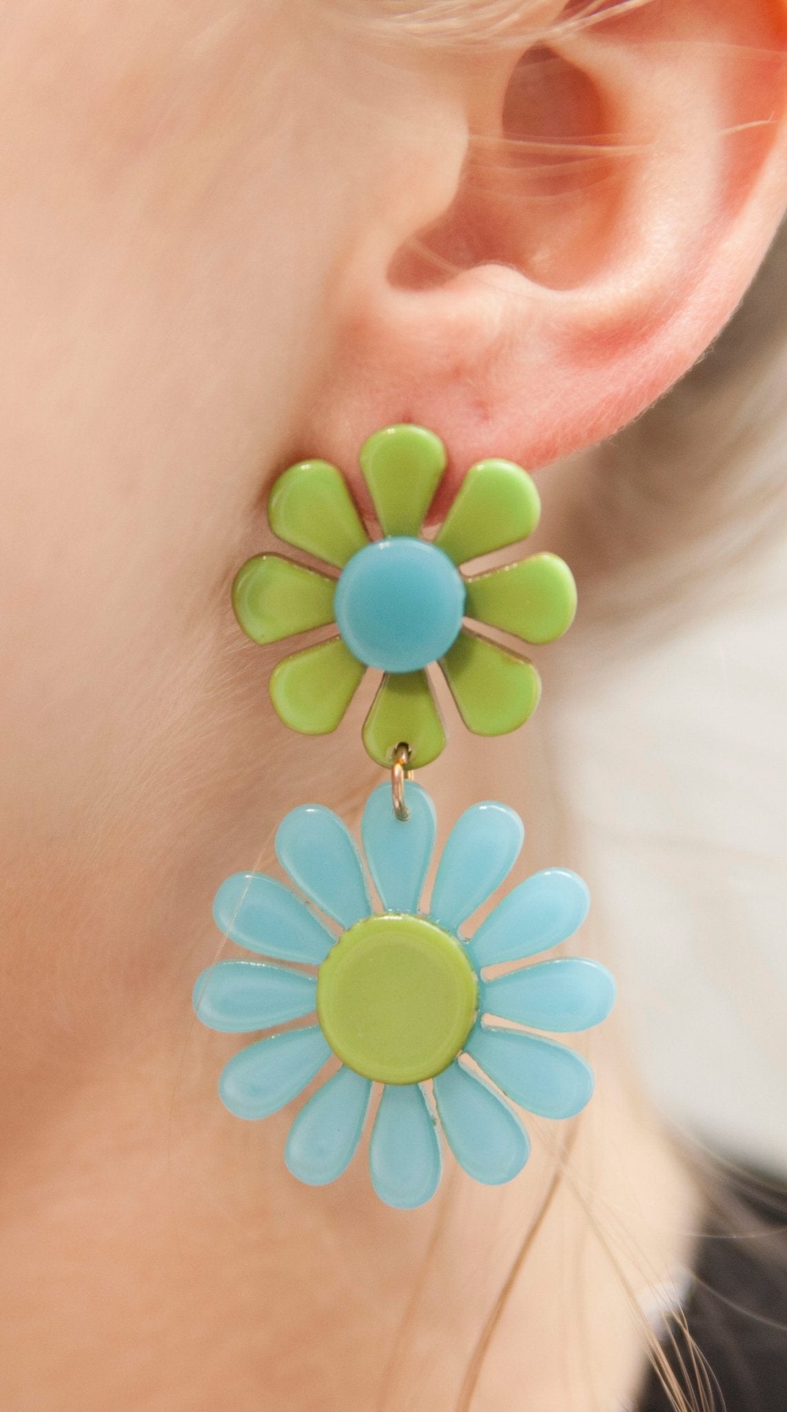 60s Blue and Green Retro Flower Groovy Earrings - Relic828
