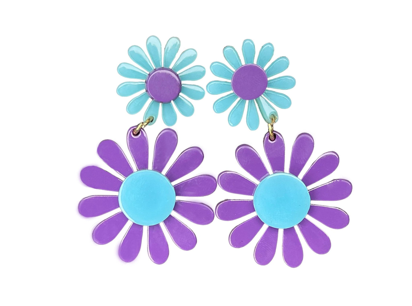 60s Blue and Purple Flower Power Retro Earrings Groovy Girl - Relic828