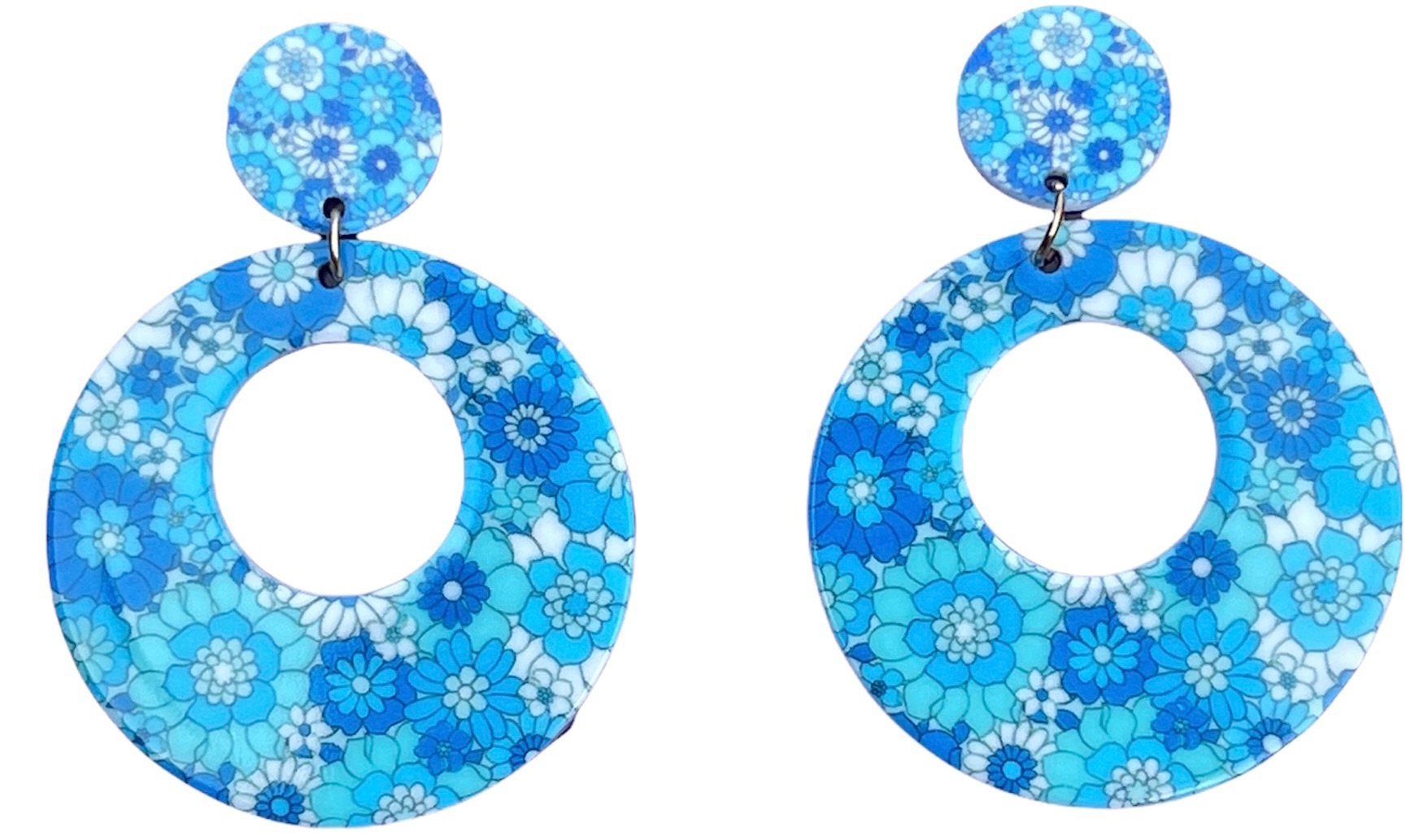 60s Blue Chunky Flower Hoop Earrings - Relic828