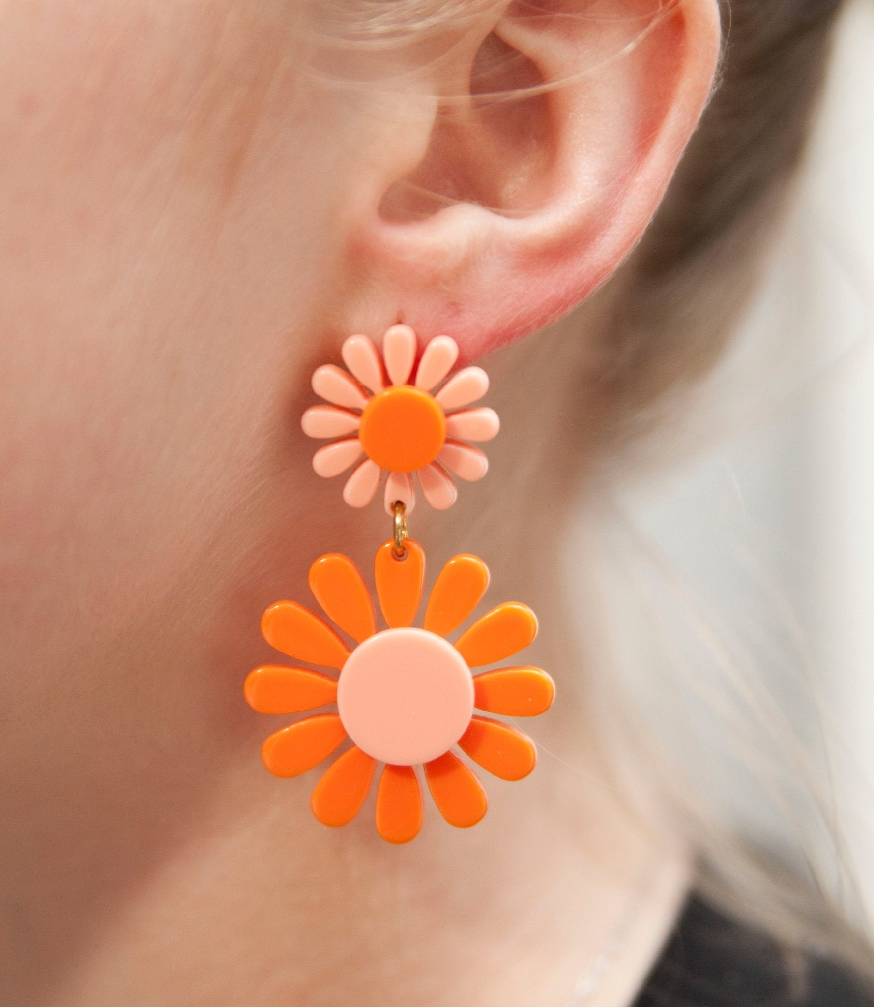 60s Blush Pink and Orange Flower Power Mod Earrings - Relic828