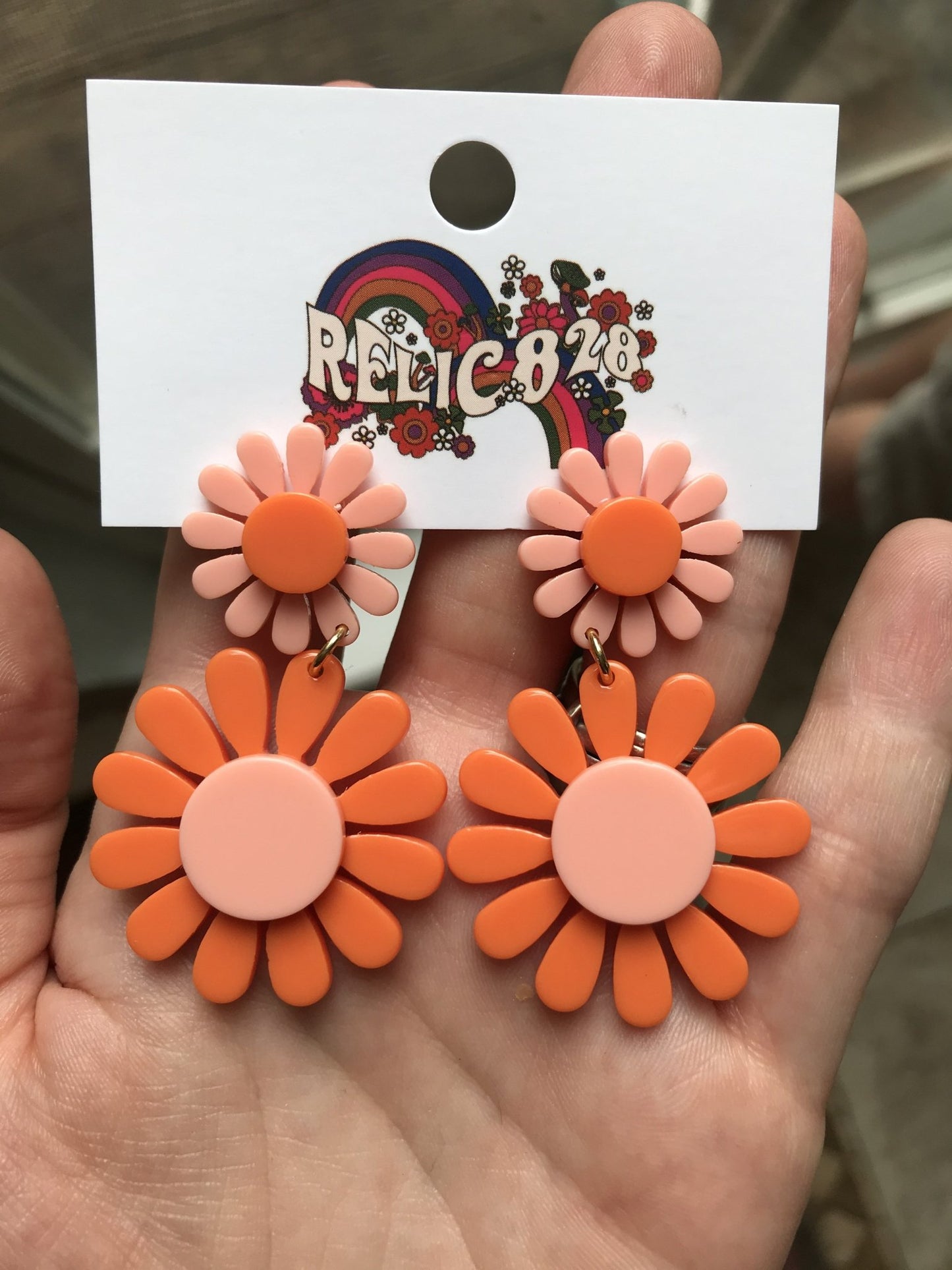 60s Blush Pink and Orange Flower Power Mod Earrings Groovy Girl - Relic828