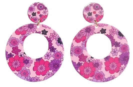 60s Chunky Pink and Purple Pop Flower Hoop Earrings - Relic828