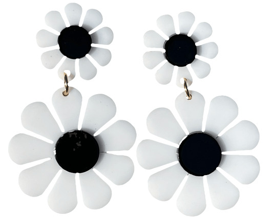 60s Classy Black and White Flower Power Earrings - Relic828
