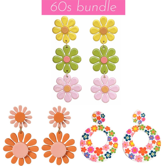 60s Earring Bundle Flower Power Daisy Chains and Chunky Hoops - Relic828