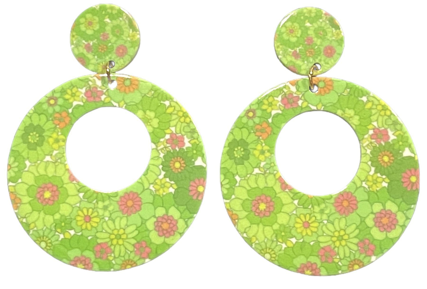 60s Green Color Pop Flower Chunky Hoop Earrings - Relic828