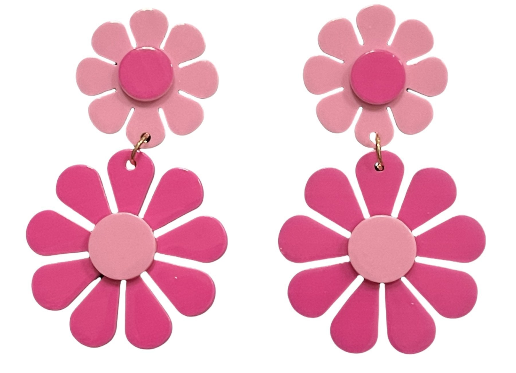 60s Hot Pink and Light Pink Flower Power Retro Earrings - Relic828
