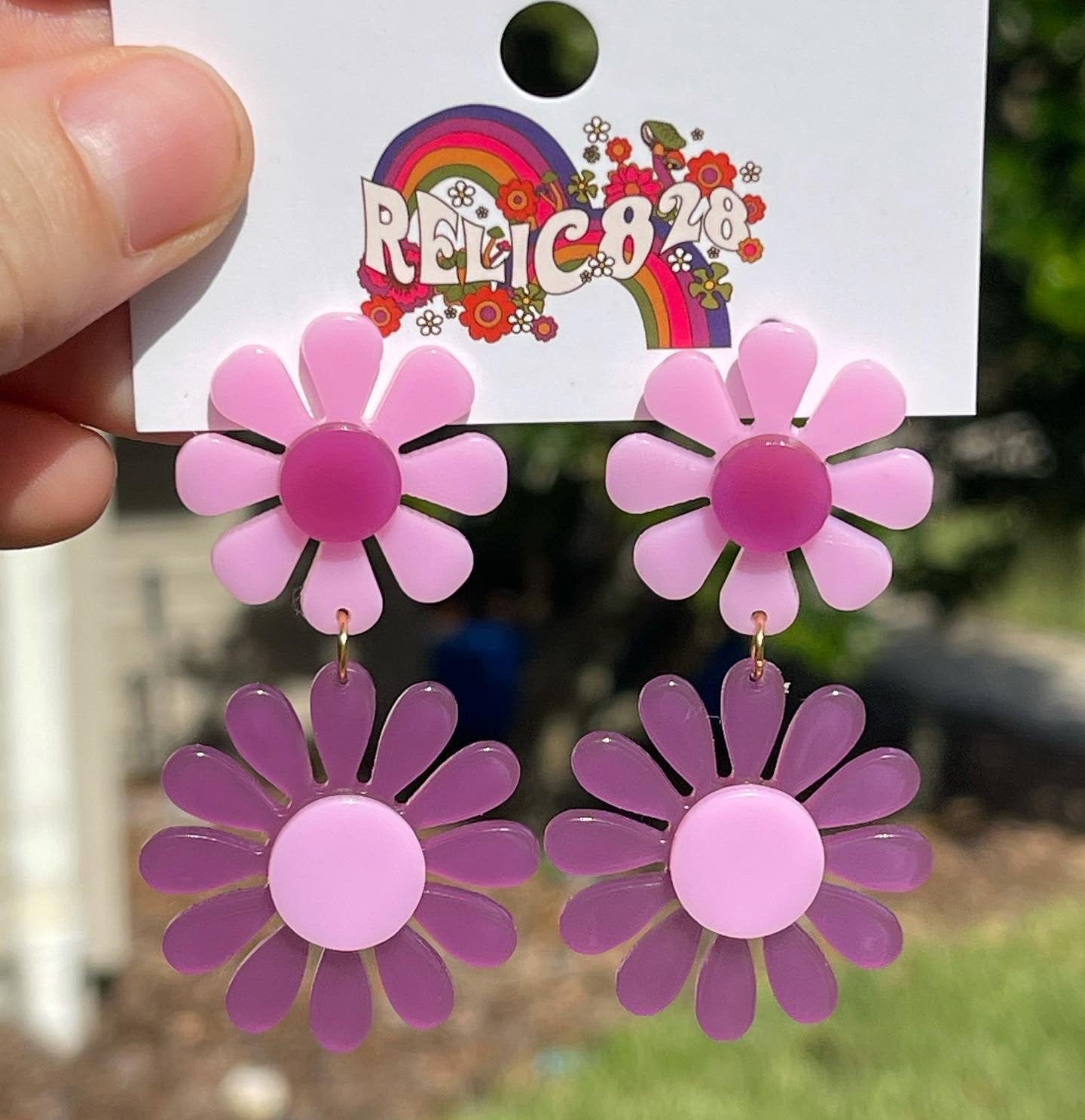 60s Pink and Purple Mod Flower Earrings - Relic828