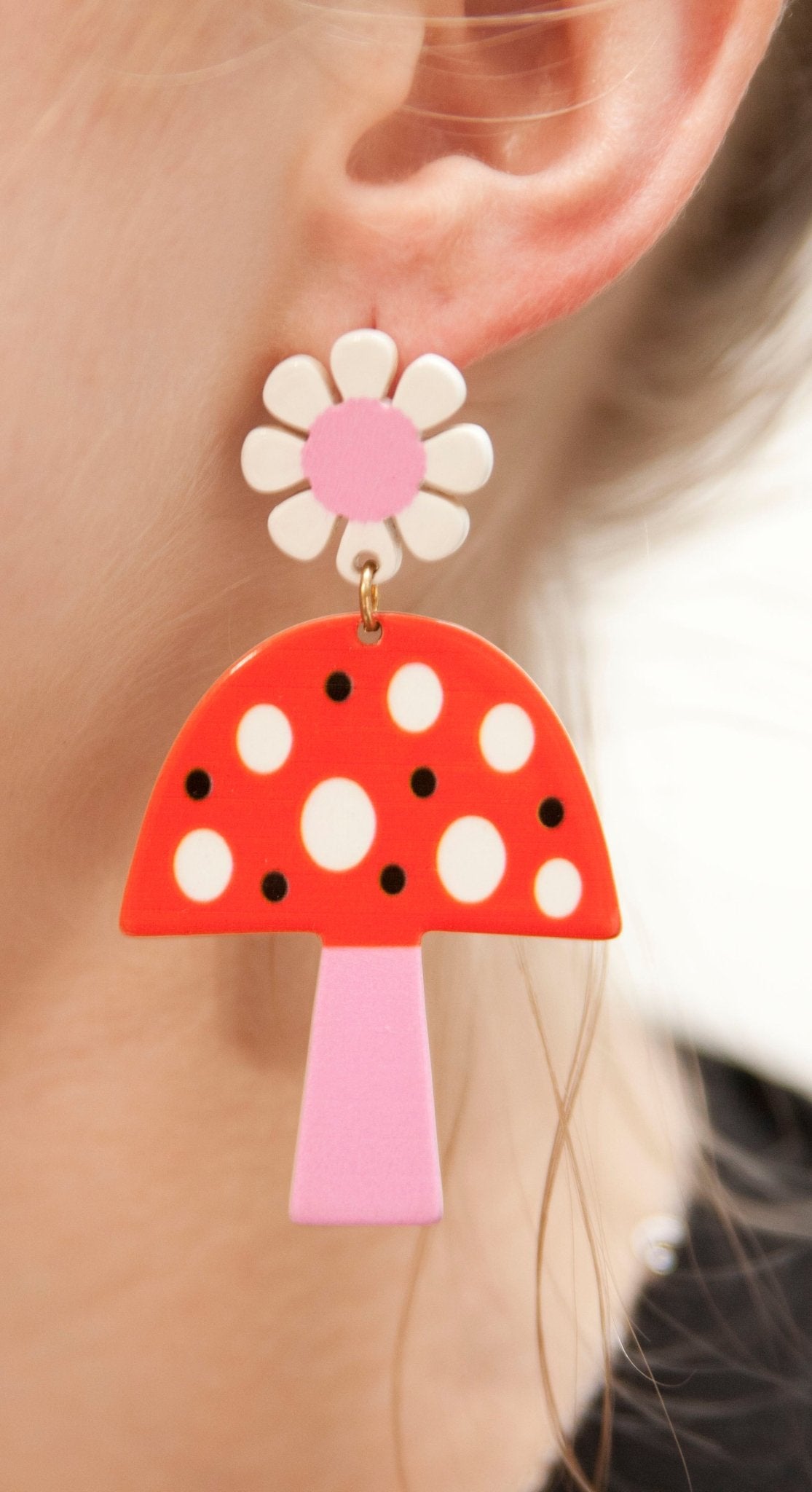 60s Pink and Red Mushroom Hippie Earrings - Relic828