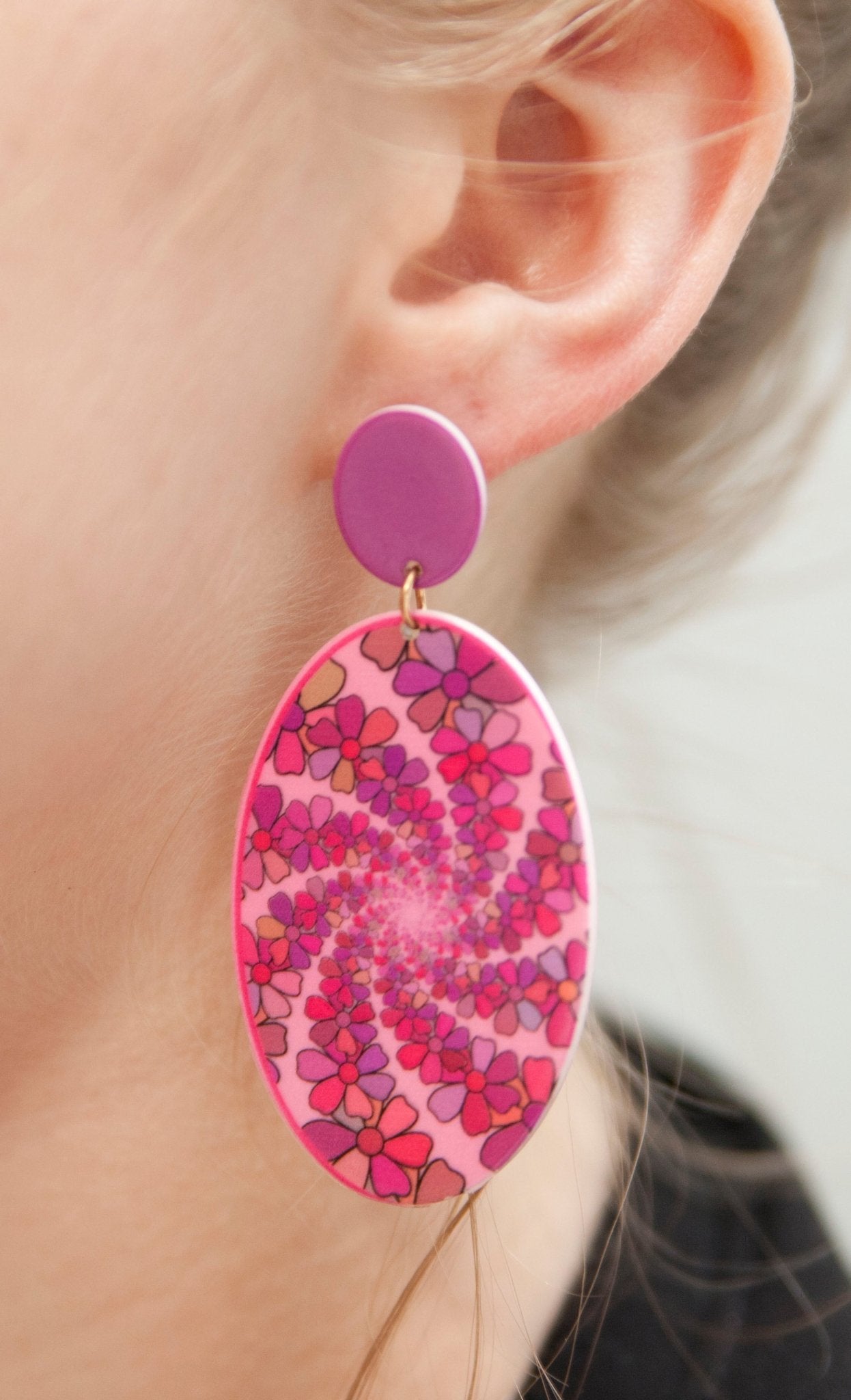 60s Pink Flower Hypnotizing Swirl Earrings - Relic828