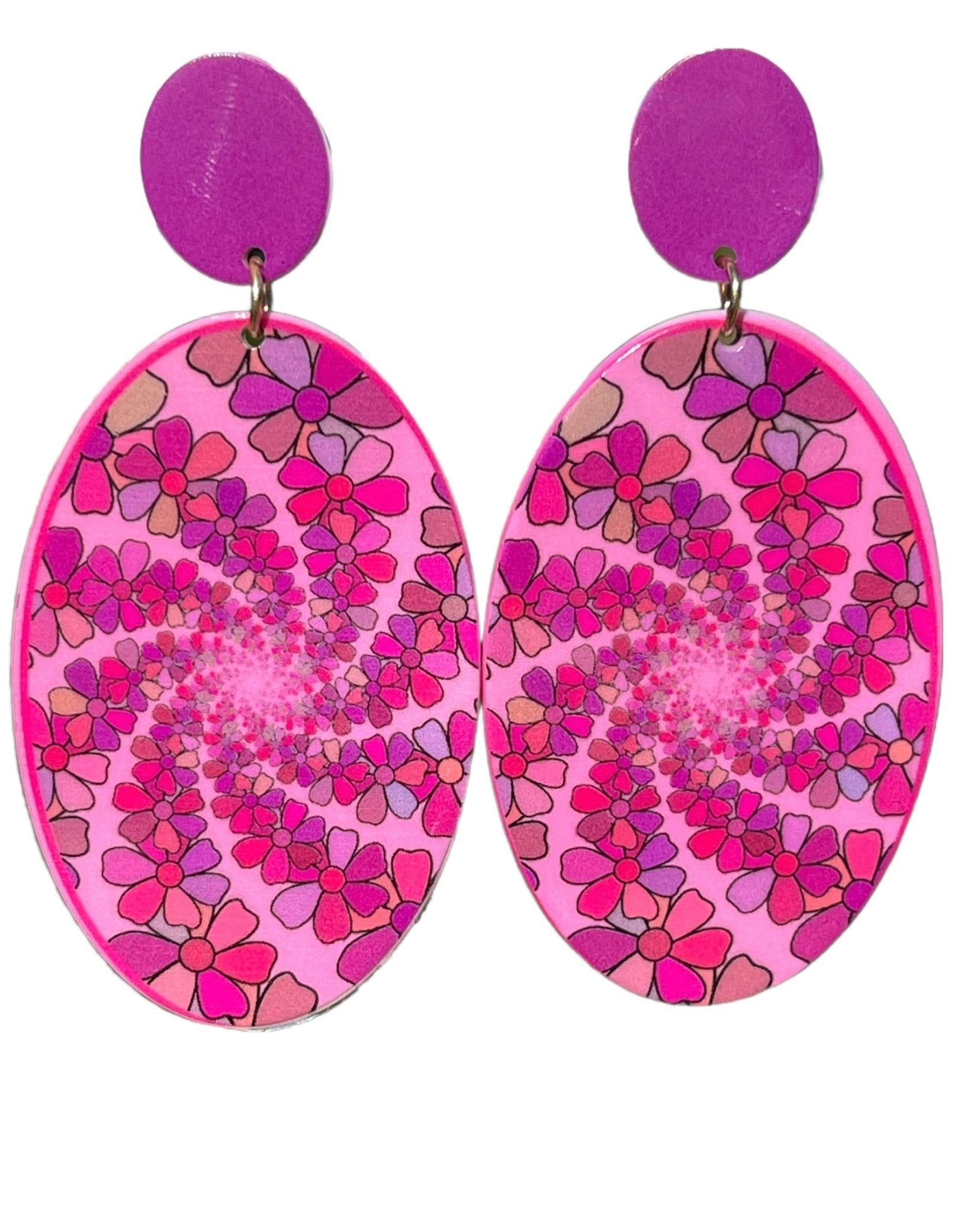 60s Pink Flower Hypnotizing Swirl Earrings - Relic828