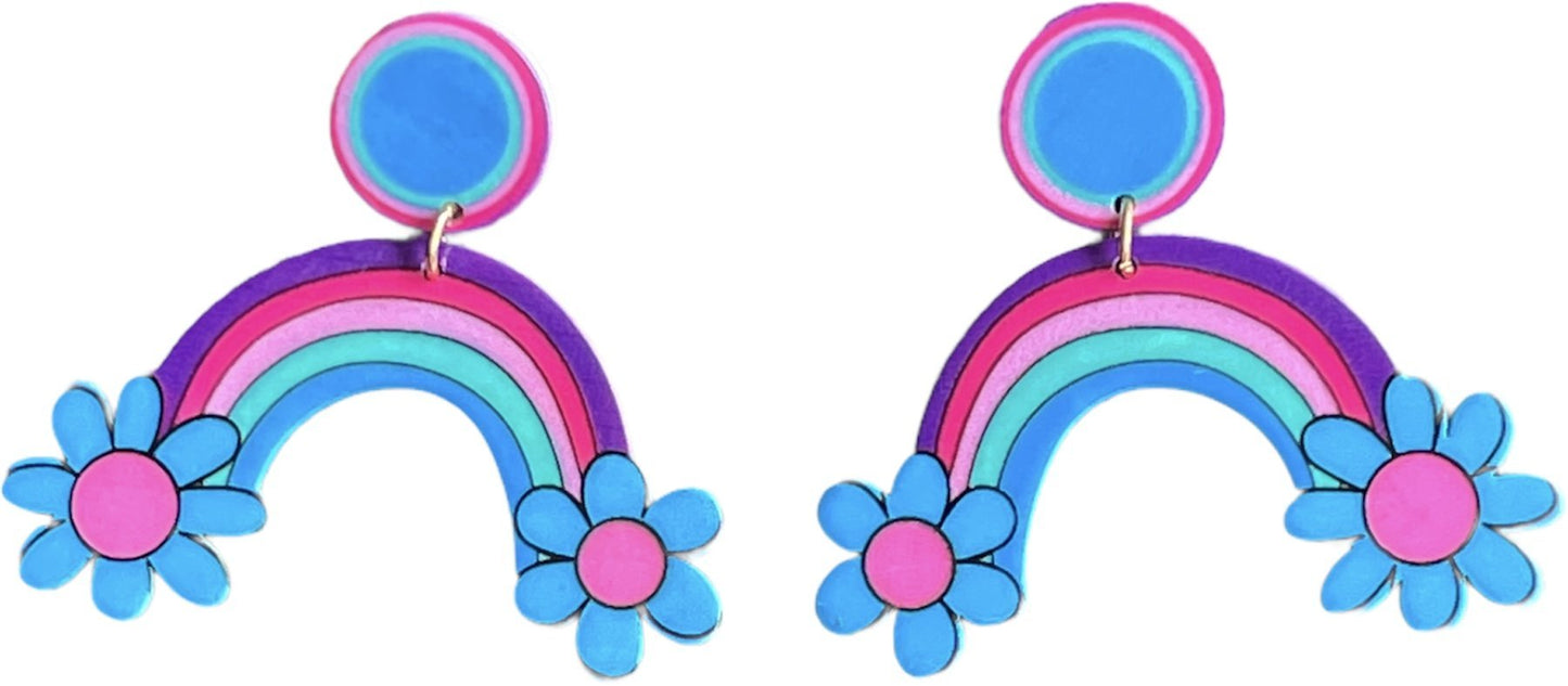 60s Purple Pink & Pretty Flower Power Rainbow Earrings - Relic828