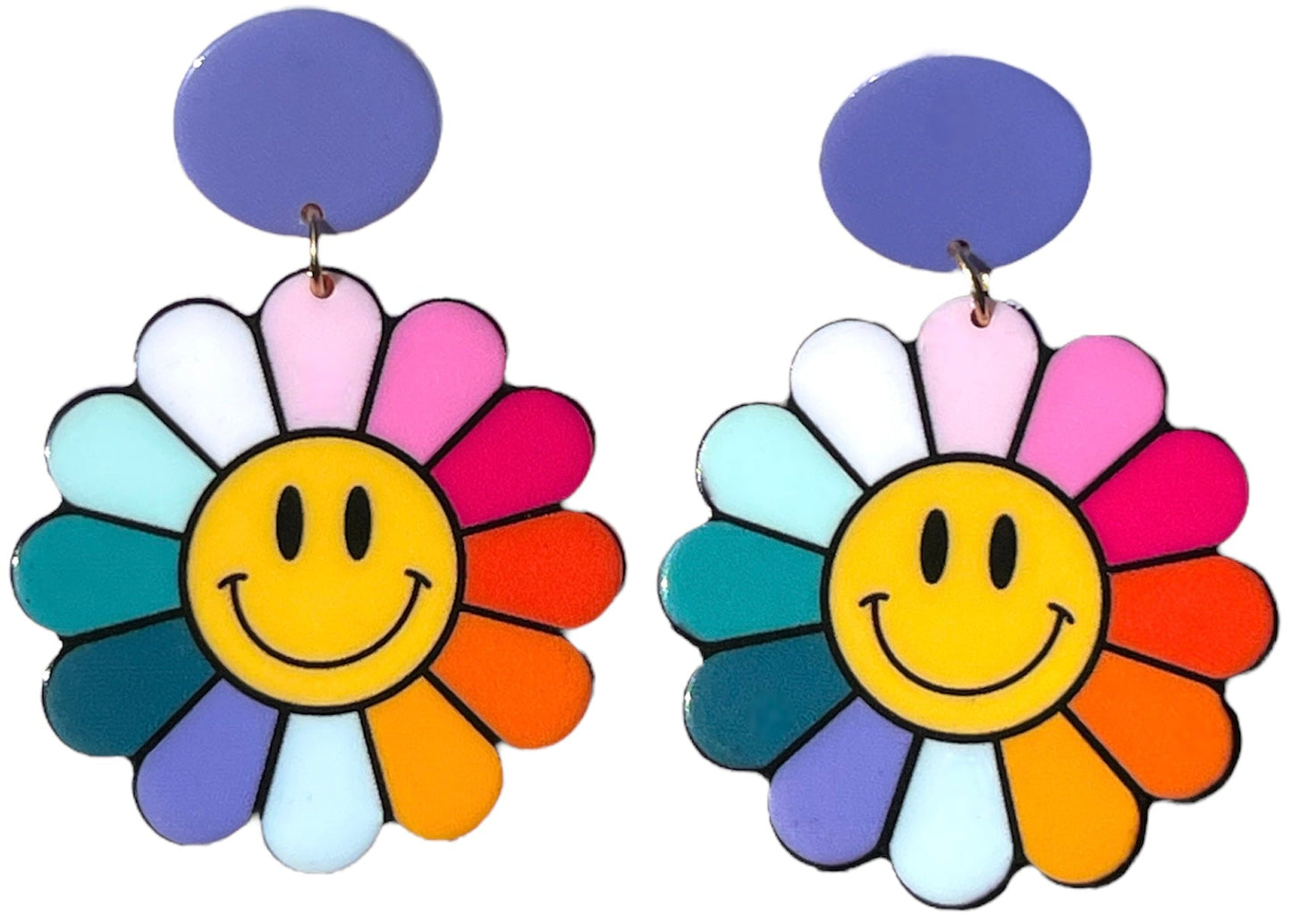 60s Rainbow Flower Smiley Face Earrings Retro Hippie - Relic828