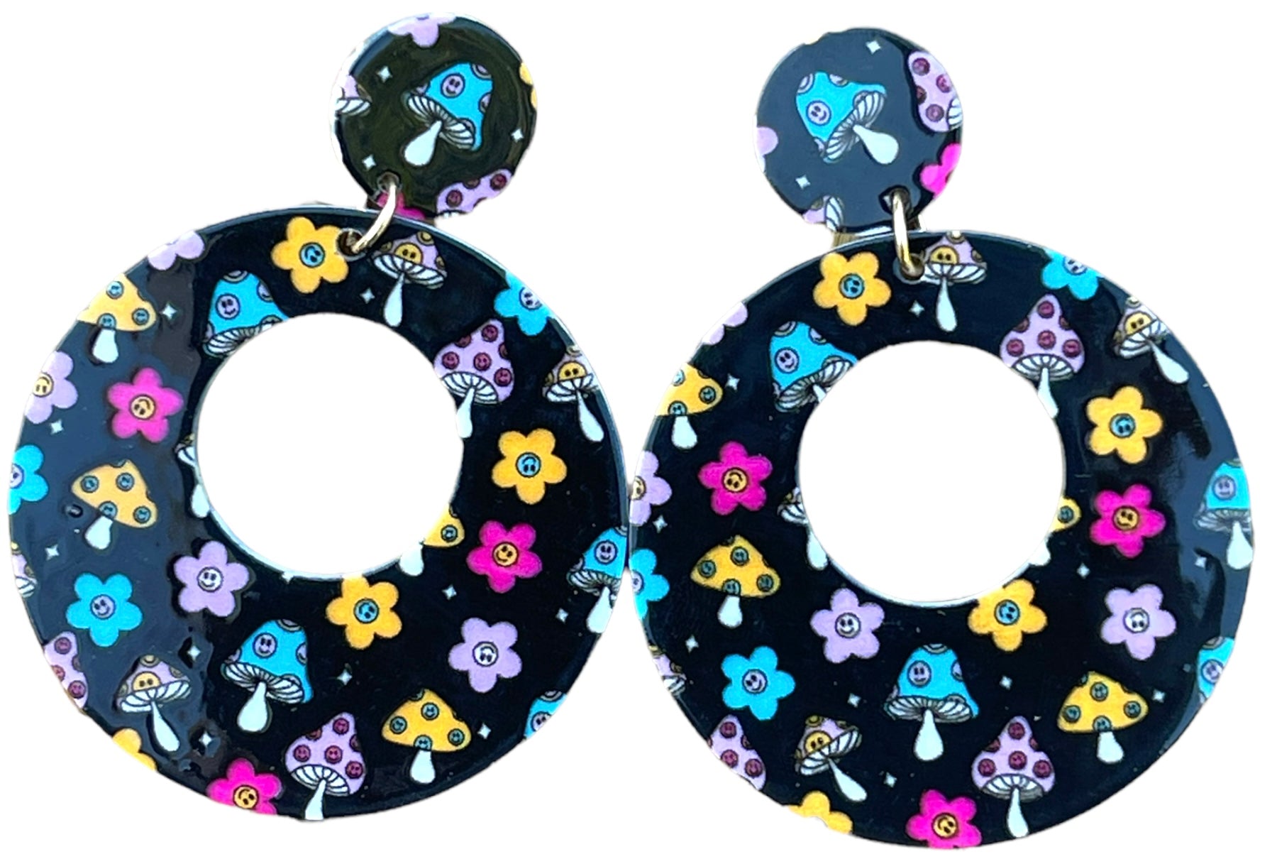70s Black Chunky Flower and Shroom Hoop Earrings - Relic828