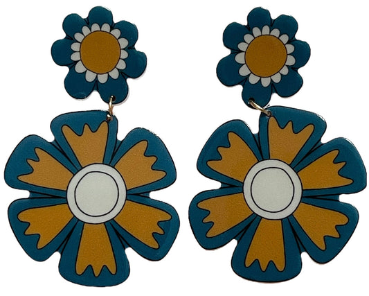 70s Chunky Flower Earrings Olive and Turquoise Blue - Relic828