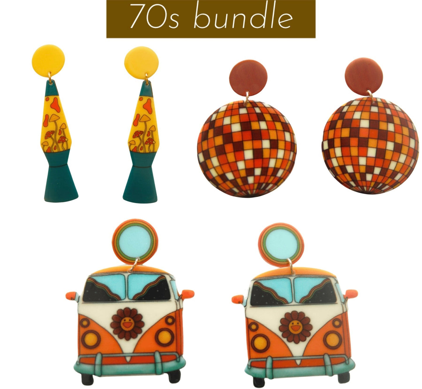 70s Earring Bundle Lava Lamps Disco Balls and Groovy Buses - Relic828