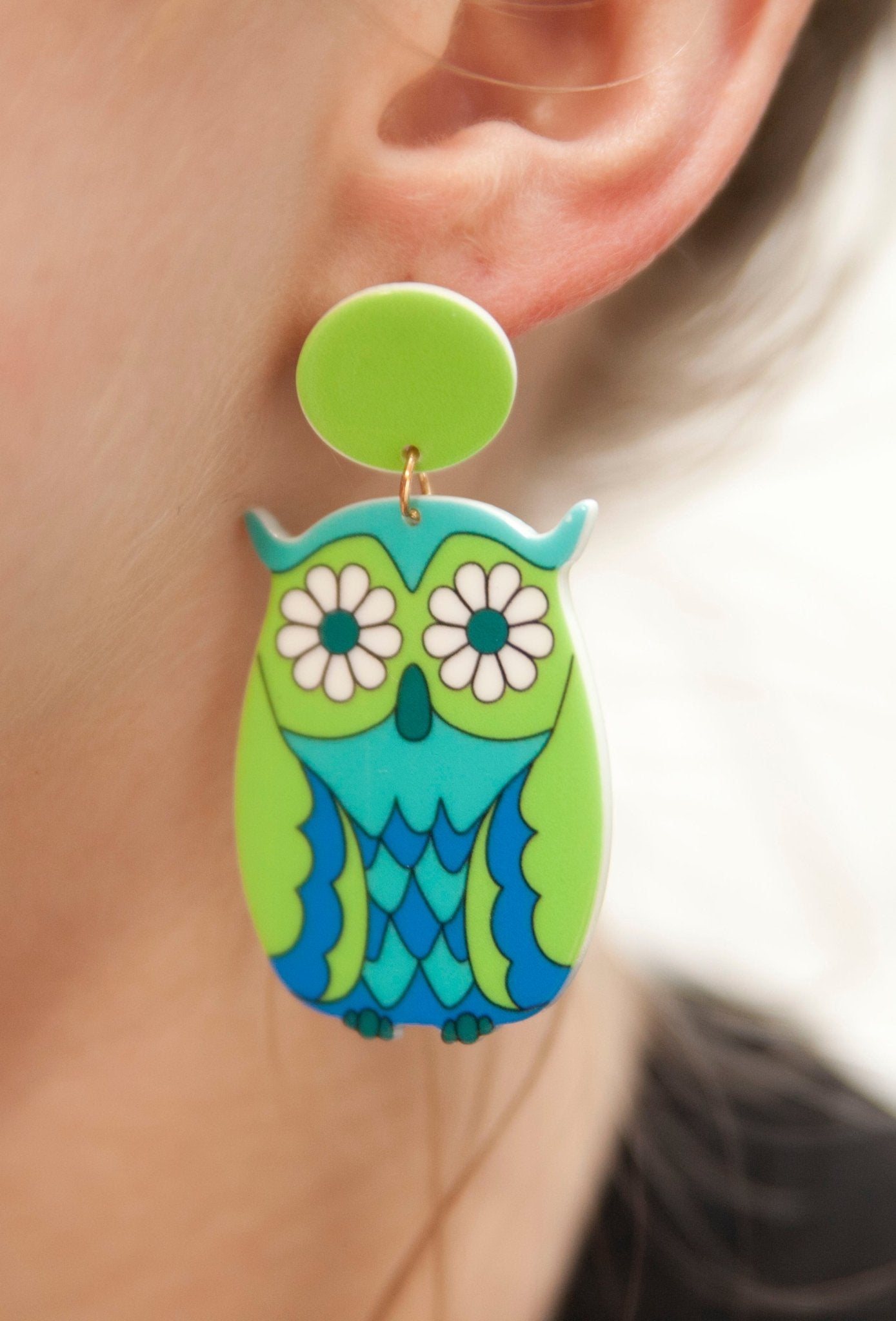 70s Hippie Flower Owl Earrings - Relic828