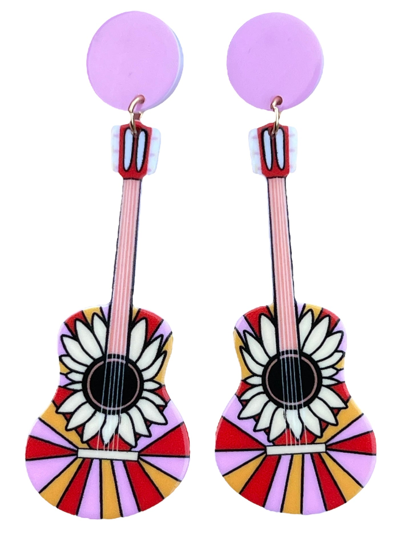 70s Hippie Rainbow Flower Guitar Earrings - Relic828