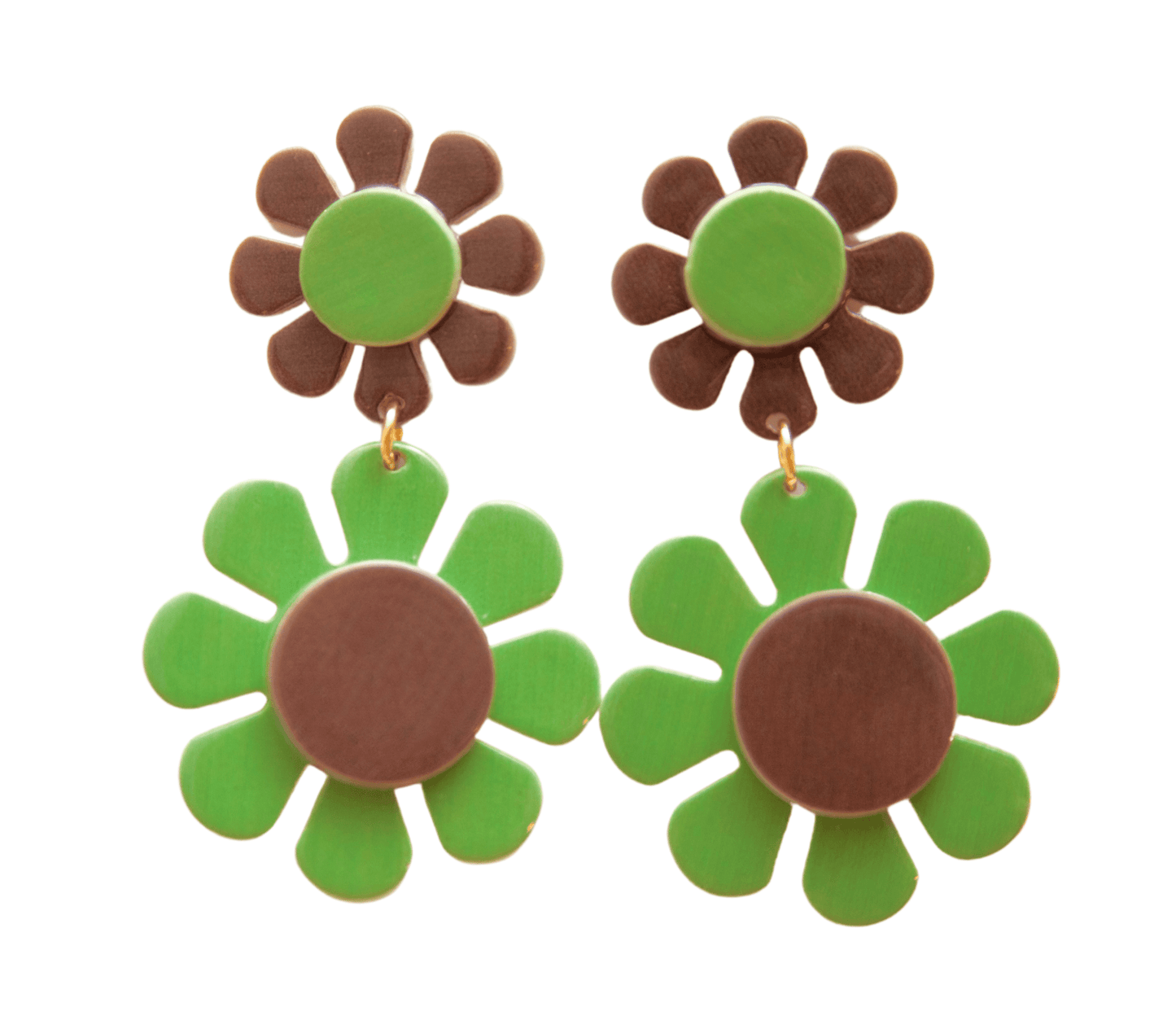 70s Olive Green and Chocolate Brown Flower Power Earrings Groovy Girl - Relic828