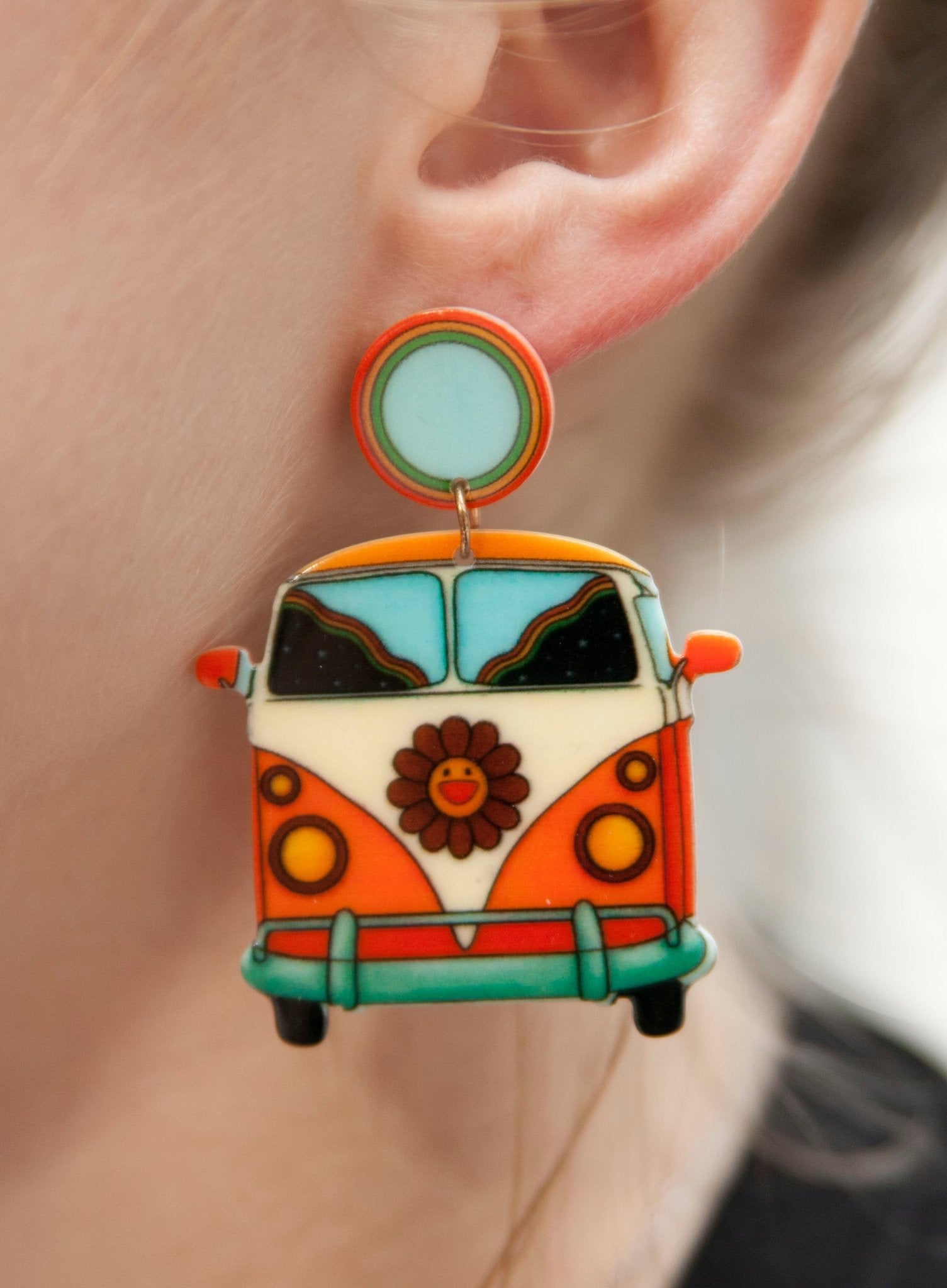 70s Orange Groovy Hippie Flower Bus Earrings - Relic828