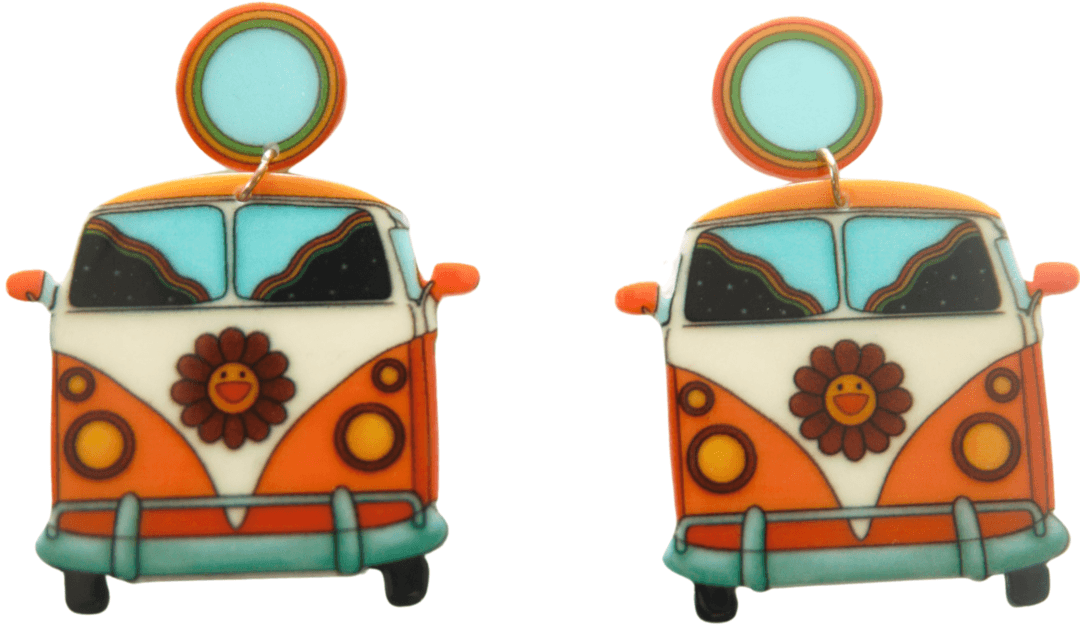 70s Orange Hippie Flower Bus Earrings Groovy Girl - Relic828