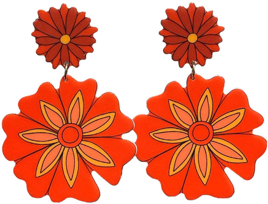 70s Orange You Glad Flower Bloom Earrings Retro Hippie - Relic828