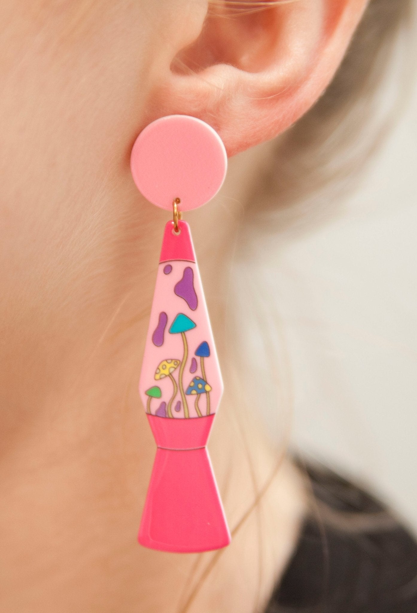 70s Pink Lava Lamps with Groovy Shrooms Earrings - Relic828