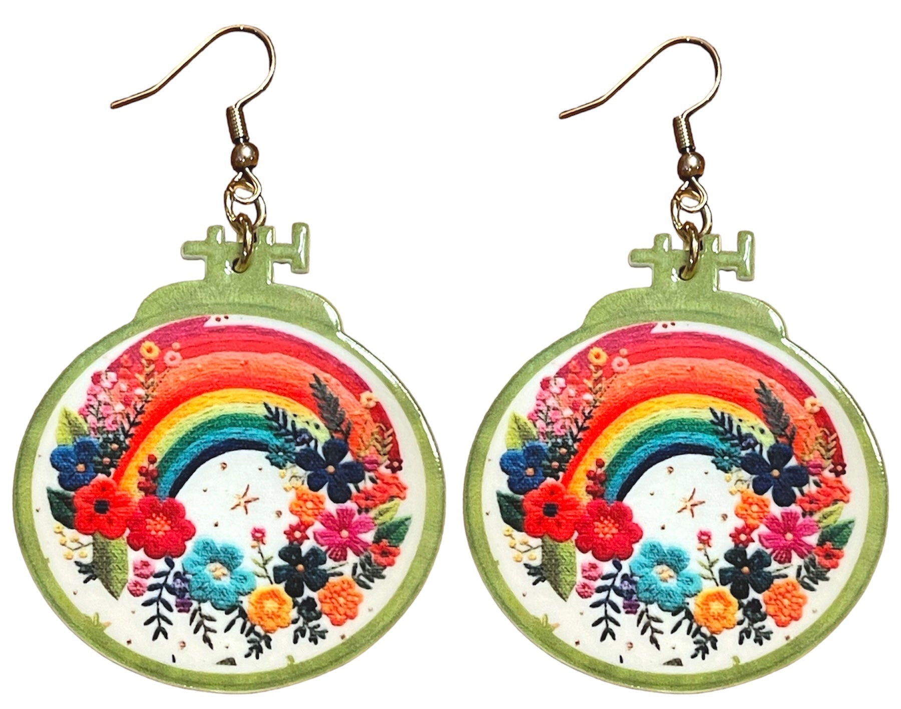 70s Rainbow Flower Embroidery Hoop Earrings - Relic828