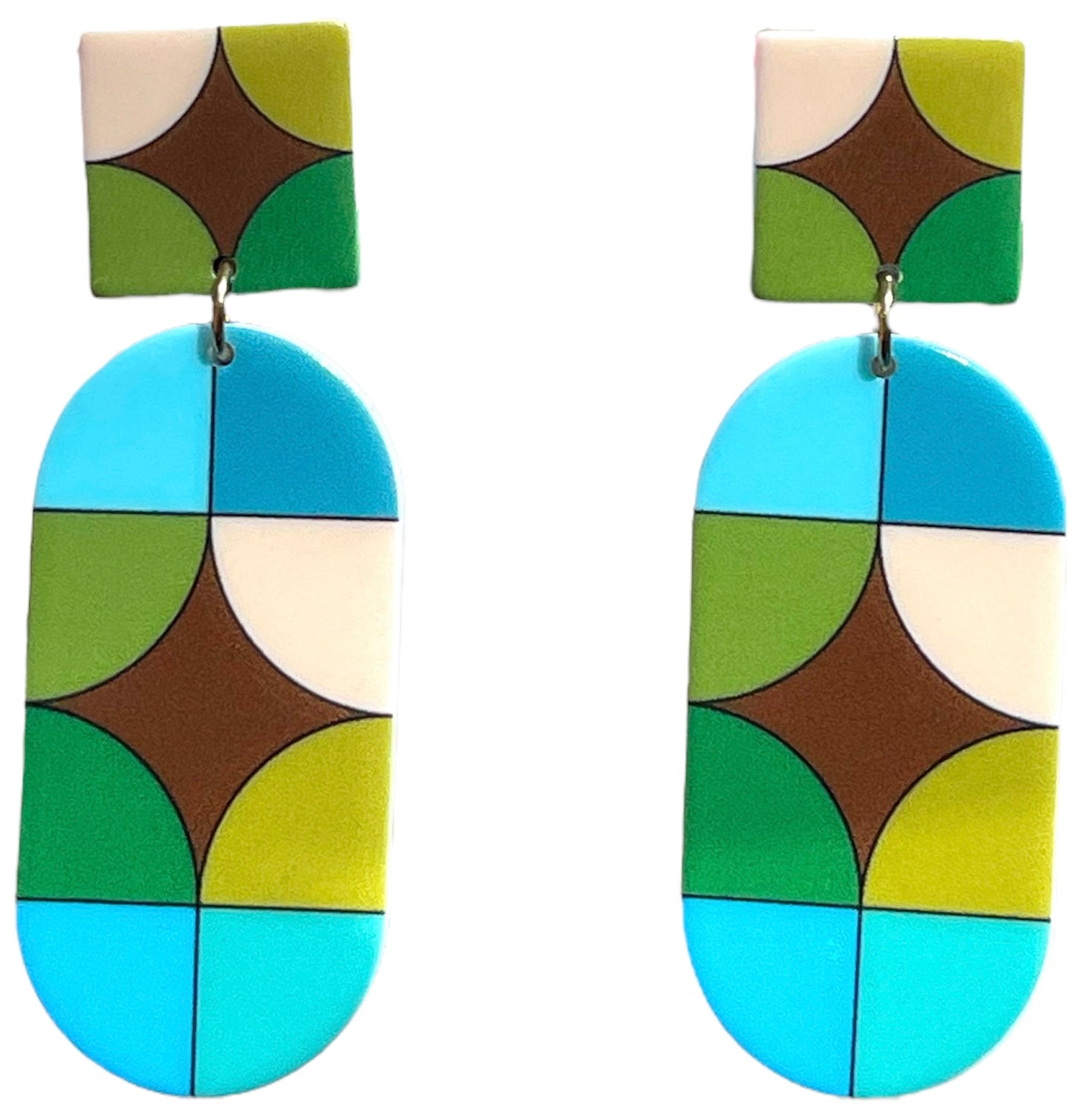 70s Seeing Shapes Mod Green Blue and Brown Earrings - Relic828