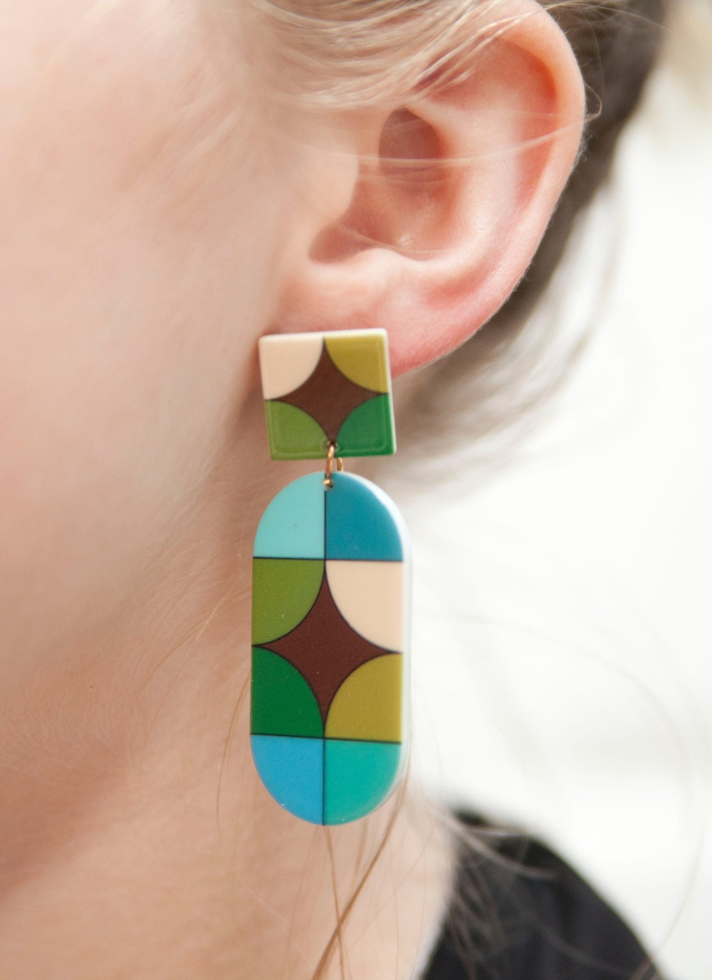 70s Seeing Shapes Mod Green Blue and Brown Earrings - Relic828