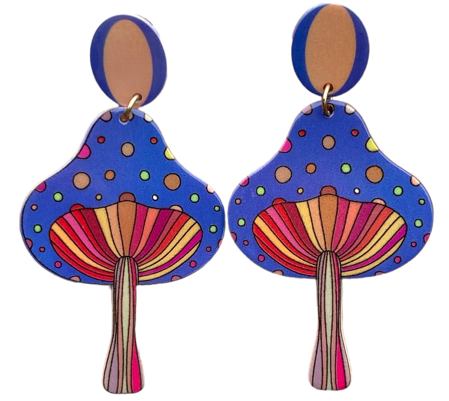 70s Tall Top Mushrooms Blue Polkadot Earrings - Relic828