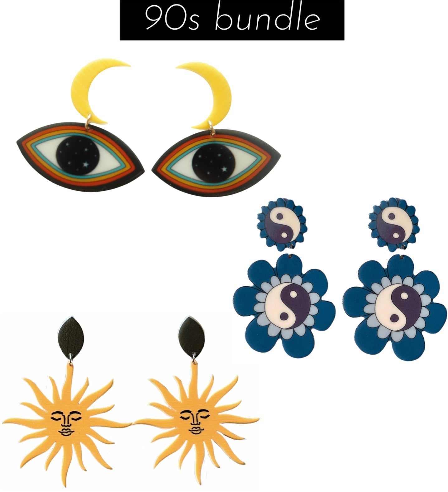 90s Earring Bundle Sun Goddesses Moon Eyes and Yin Yang Flowers - Relic828