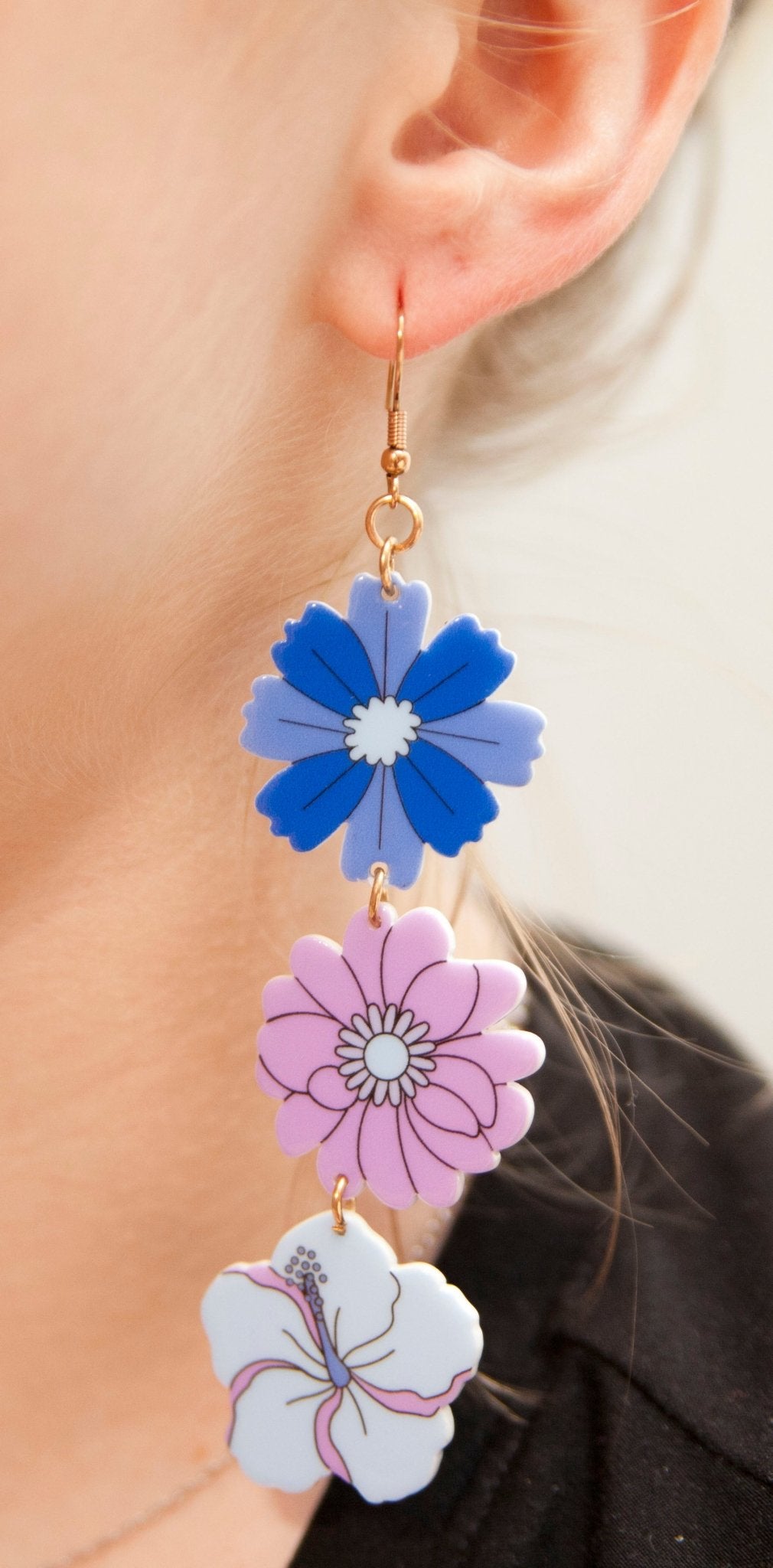 Aloha Cutie 60s Purple and Blue Flower Chain Retro Earrings - Relic828