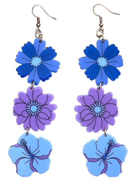 Aloha Cutie 60s Purple and Blue Flower Chain Retro Earrings - Relic828
